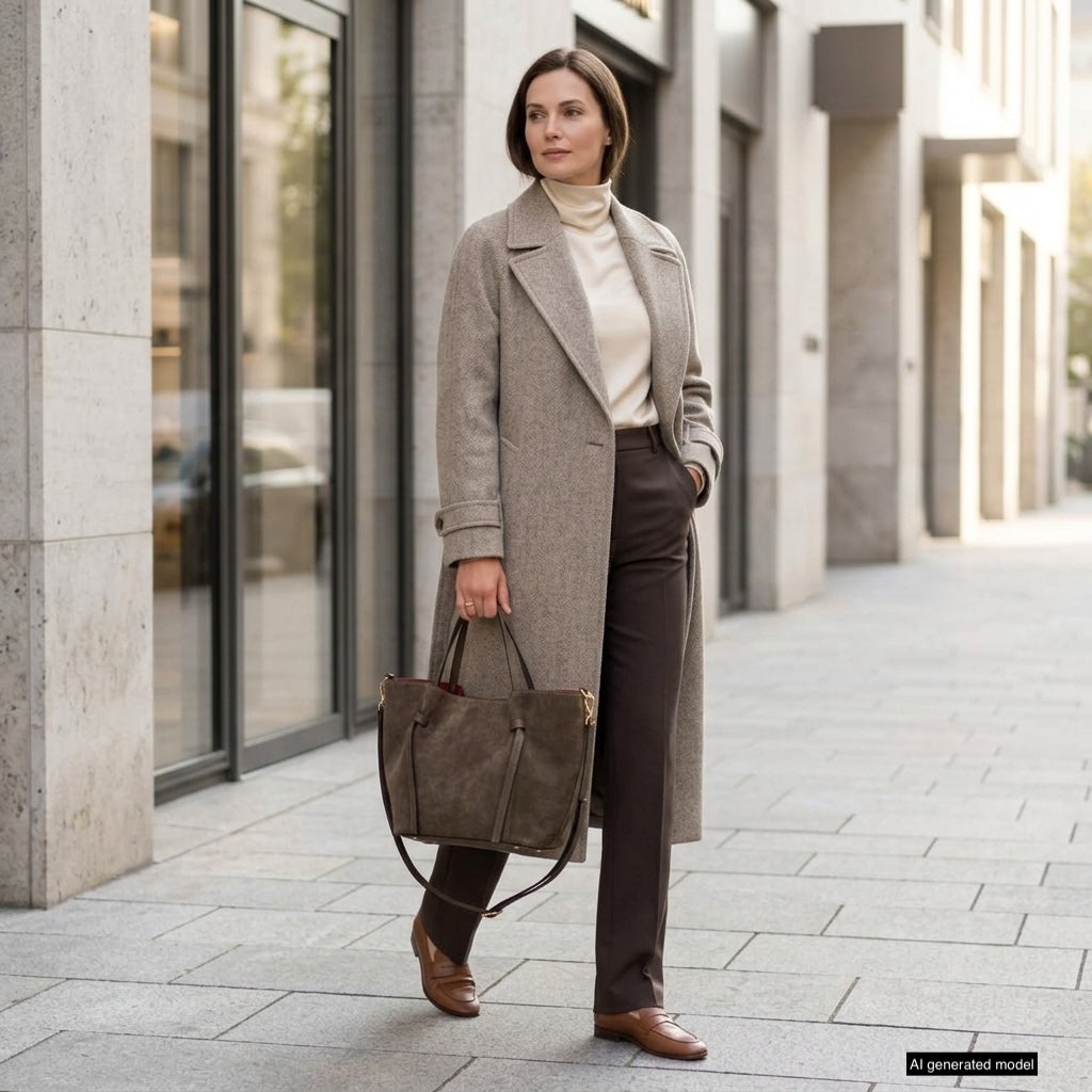 A woman in a beige coat, cream turtleneck, and brown pants stands on a city sidewalk. She carries an Italian suede bag and wears brown loafers, her short brown hair styled neatly as modern buildings line the street.