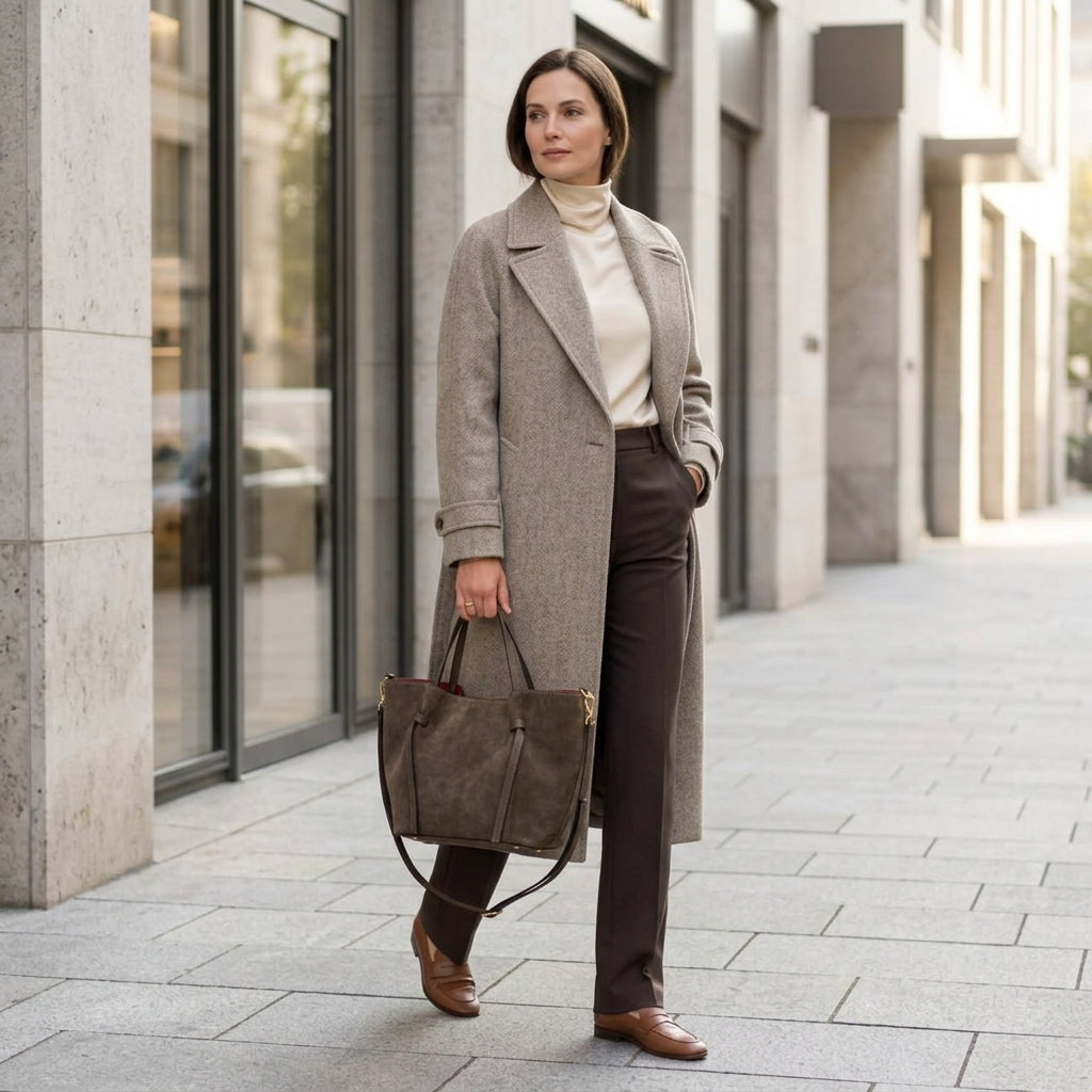 A woman in a beige coat, cream turtleneck, and brown pants walks on a city sidewalk, holding a handmade Florentine bag. She has short dark hair and wears brown shoes. Tall buildings with large windows line the street.