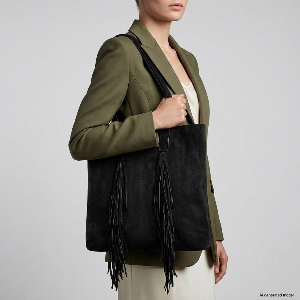 A woman in an olive green blazer and cream dress holds a large boho fringe bag crafted from black suede. The handbag's long, dramatic fringe details stand out against the plain gray background.