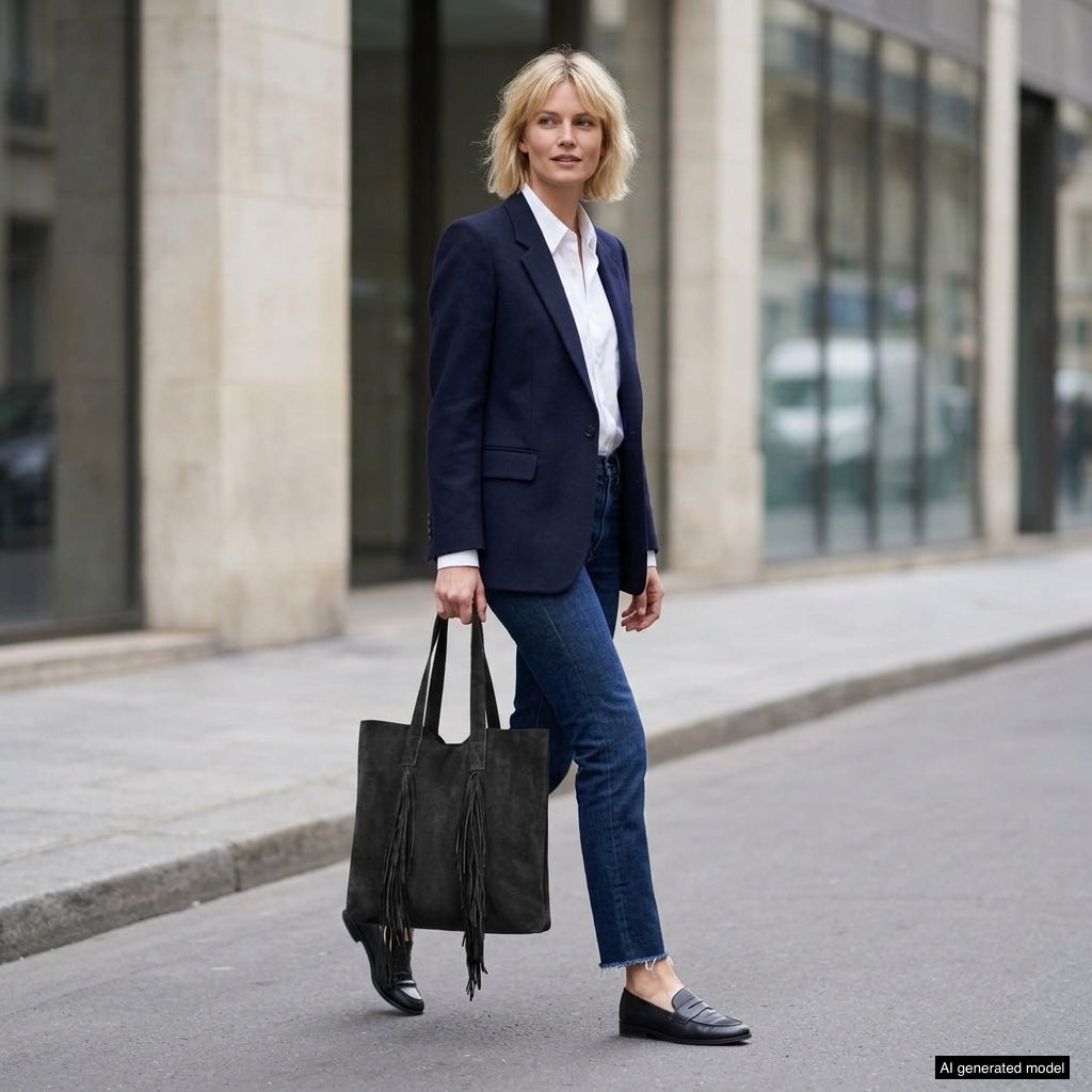 A person with short blonde hair walks on a city street wearing a navy blazer, white shirt, blue jeans, and black loafers, carrying a large boho fringe bag. Buildings and windows line the background.