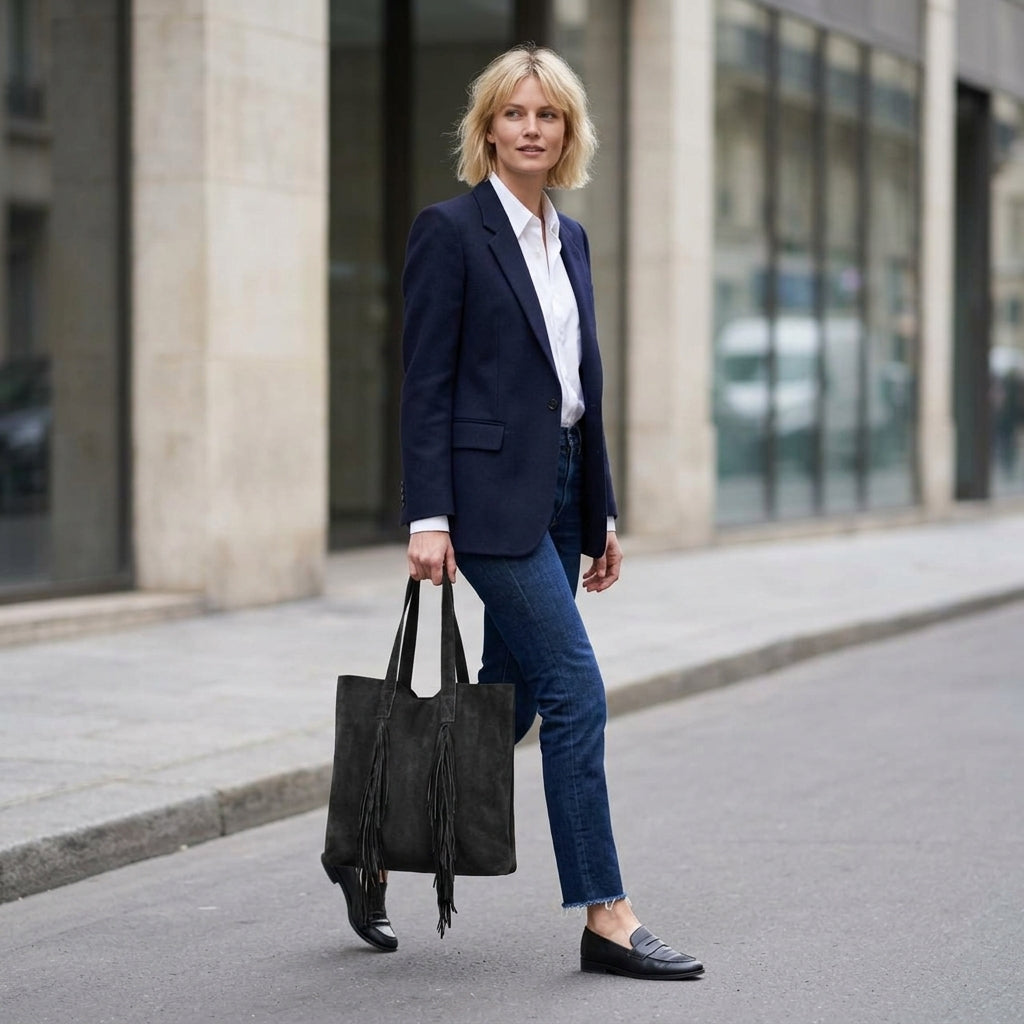 A person wearing a navy blazer, white shirt, blue jeans, and black loafers walks on a city street, holding a large boho bag with fringe. Glass buildings and pavement are visible in the background.