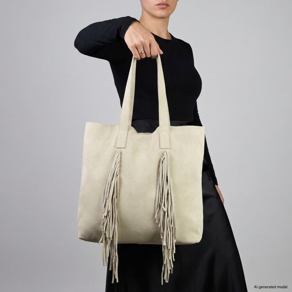 A person in a black long-sleeve top and skirt holds a beige boho fringe bag, standing against a plain gray background. The tote has two handles, reaches below the waist, and features eye-catching fringe detailing.