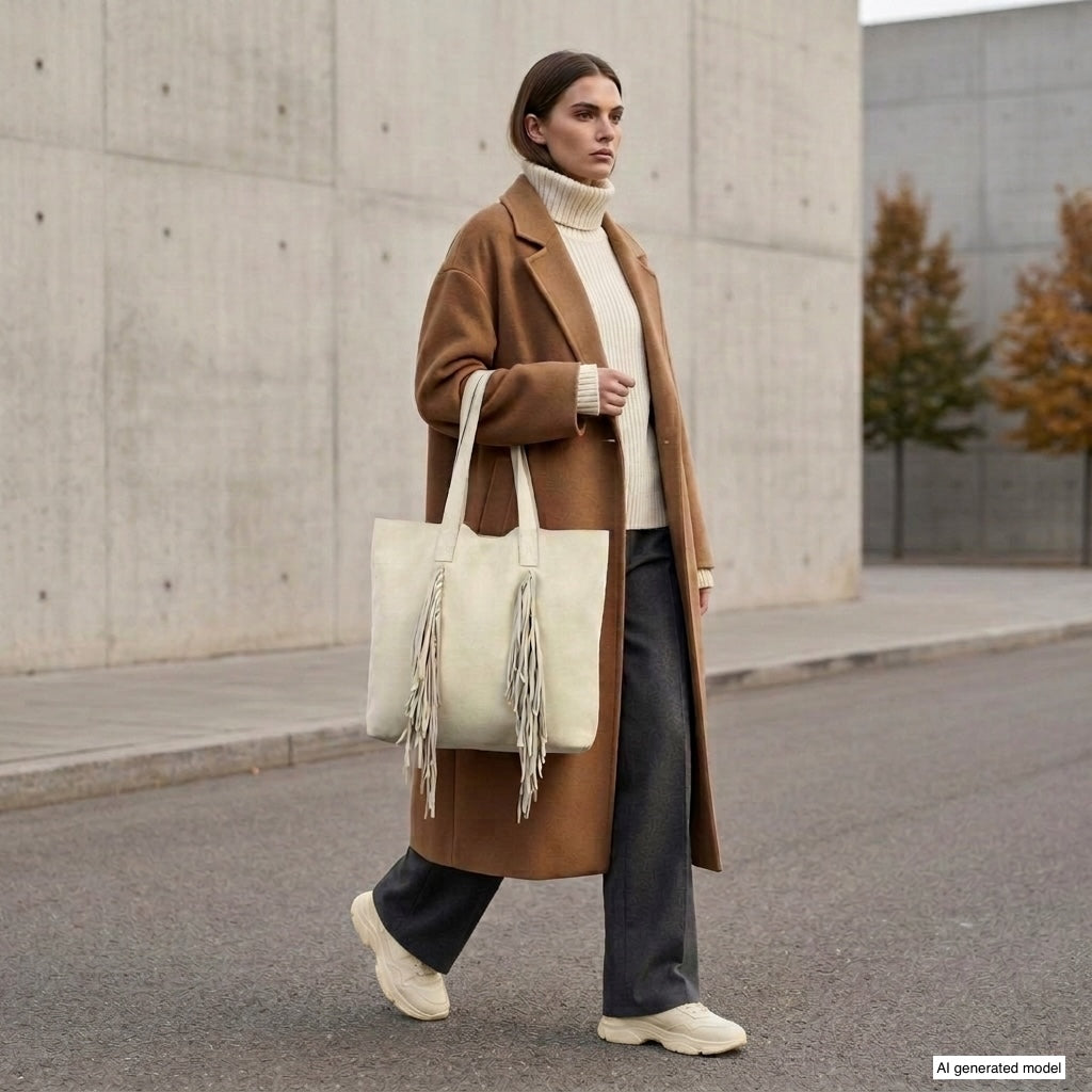 A woman wearing a camel coat, cream turtleneck sweater, wide-leg gray pants, and chunky white shoes walks down a street carrying a large boho fringe bag in cream.