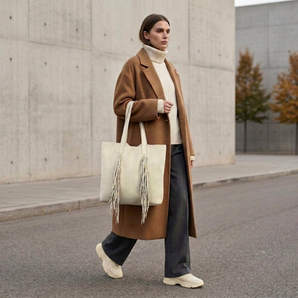 A woman walks on a city street in a long brown coat, cream turtleneck sweater, dark wide-leg pants, and cream sneakers, carrying a chic suede handbag. Autumn trees and a concrete wall complete the scene.
