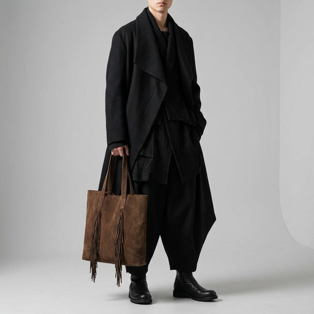 A person in loose, layered black clothing and black boots holds a large boho bag—a brown suede handbag with fringe details—standing against a plain light gray background.