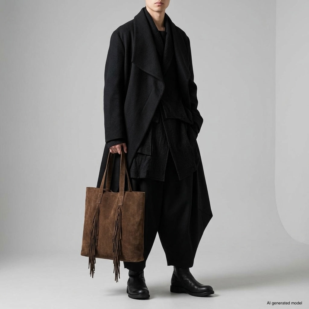 A person in layered black clothing and boots stands holding a large boho fringe bag against a plain light gray background. Their face is partially out of frame.