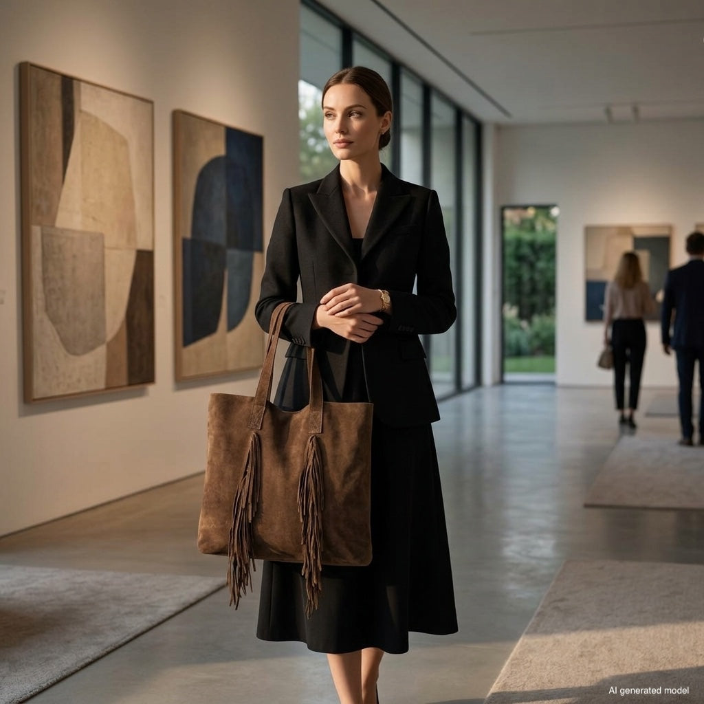 A woman in a black suit and skirt stands in a modern art gallery, holding a large boho fringe bag. Abstract paintings line the walls, and two people are seen walking in the background.