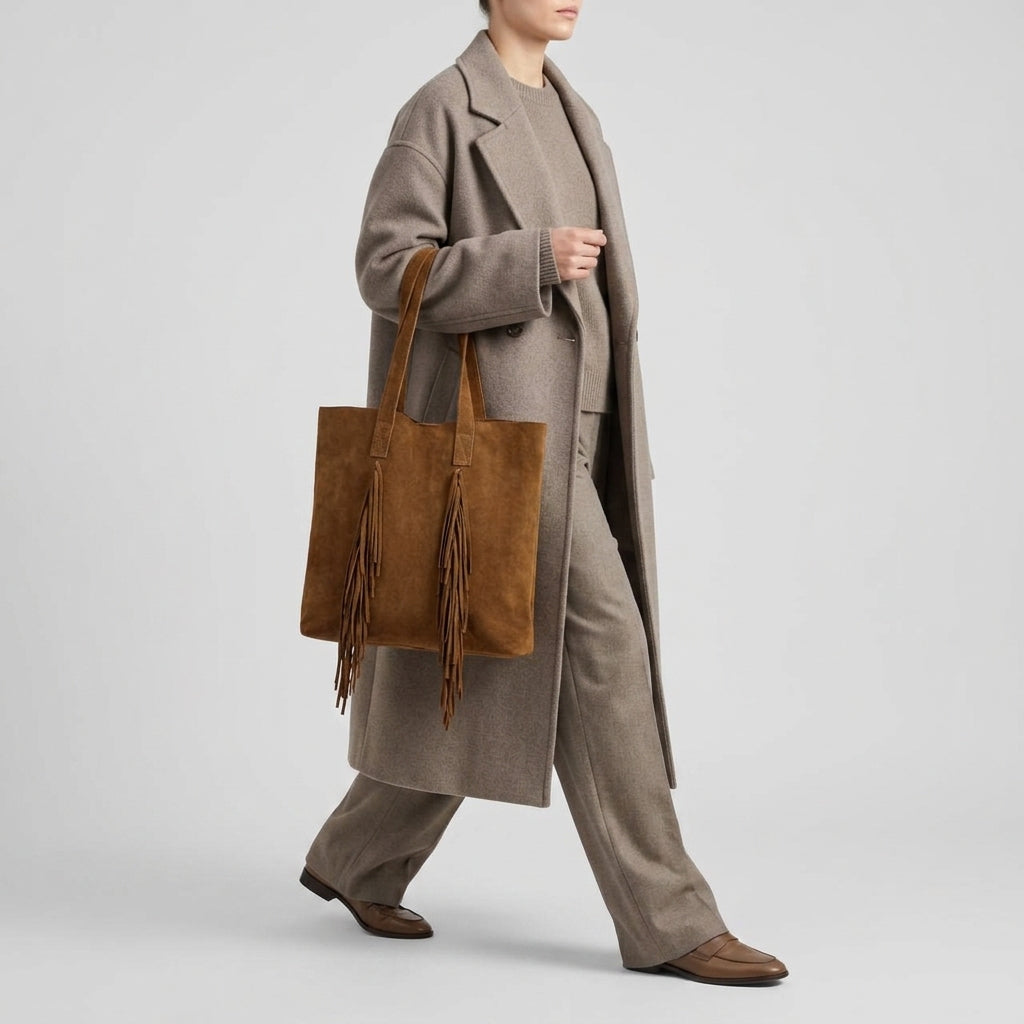 A person in a long, beige coat and matching pants walks while carrying a large brown boho bag with fringe details; this stylish suede handbag is made in Italy. The background is plain light gray.