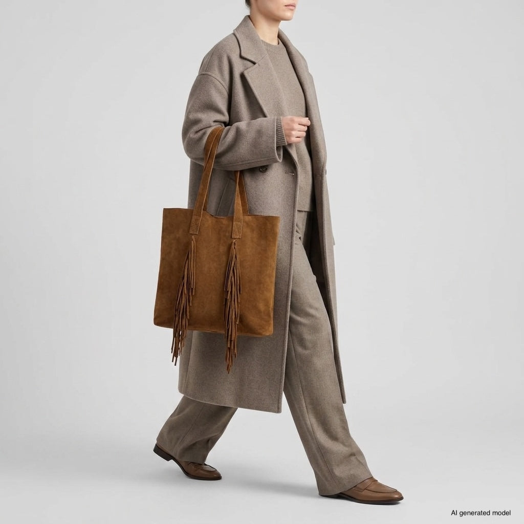A person in a long beige coat, matching pants, and brown loafers walks while carrying a large boho fringe bag. The background is plain and light gray.