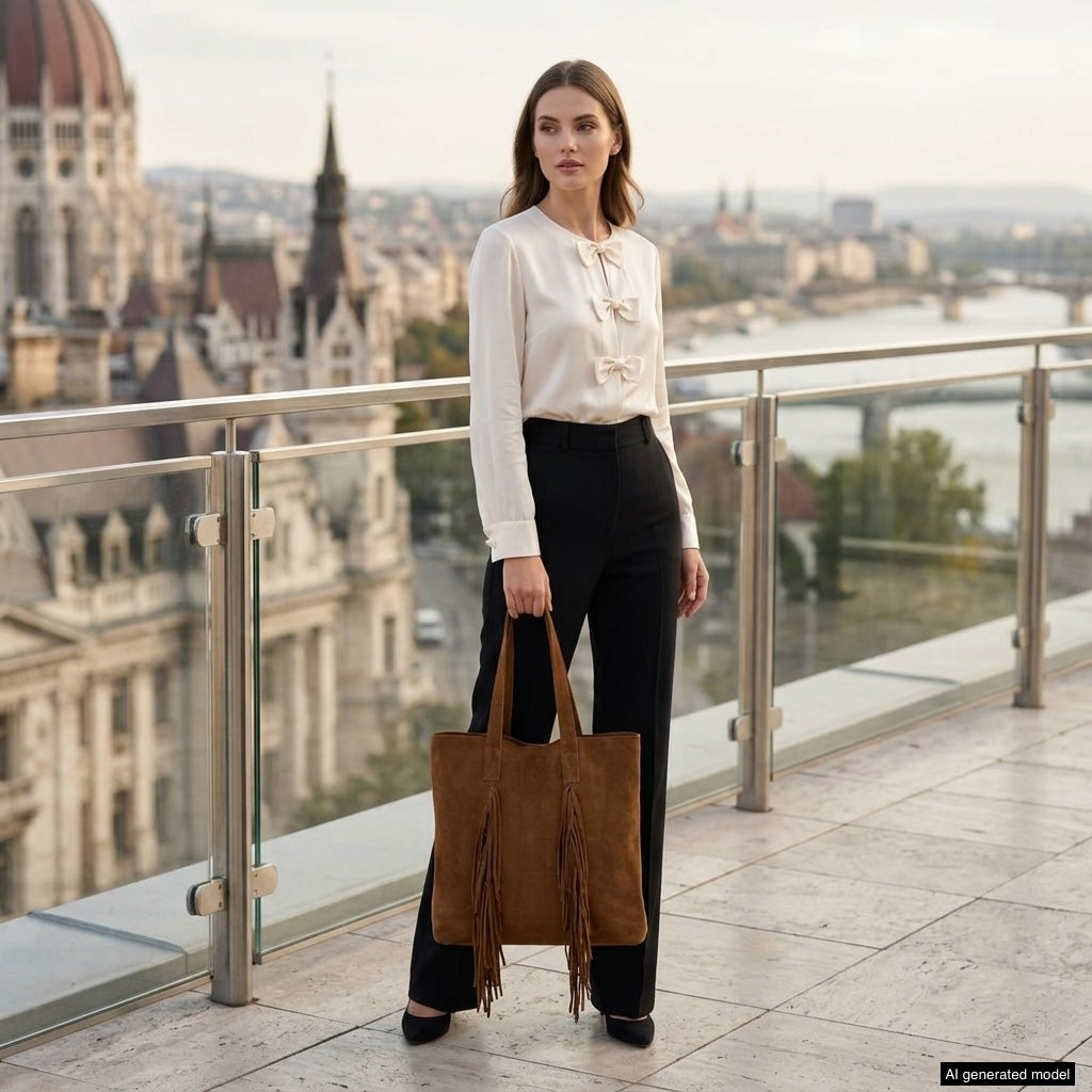 A woman dressed in a white blouse and black trousers stands on a balcony overlooking a cityscape with historic buildings and a river, holding a boho fringe bag.