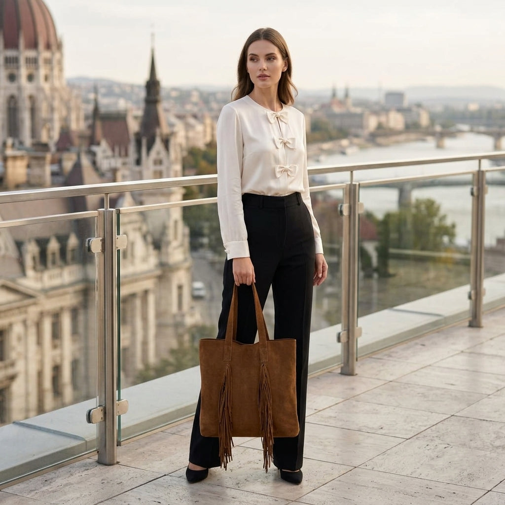 A woman in a white blouse and black pants stands on a rooftop terrace overlooking a cityscape, holding a brown suede handbag made in Italy, with fringe details that add a chic touch to her look.