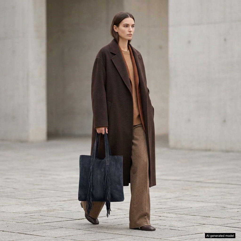 A person wearing a long dark brown coat, brown pants, and brown shoes walks outside on a paved surface, carrying a large boho fringe bag. The background features light gray concrete walls.