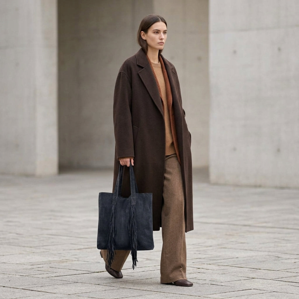 A woman stands outdoors in a long dark brown coat over a brown sweater and wide-legged trousers. She carries a large black boho bag and looks ahead with a neutral expression. Concrete walls are in the background.