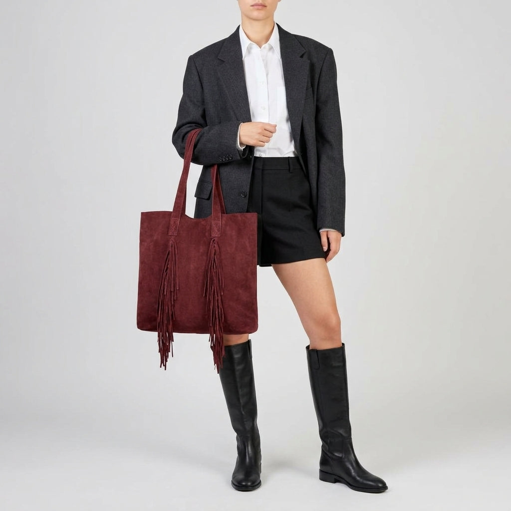 A person wearing a dark blazer, white shirt, black shorts, and knee-high black boots holds a large burgundy suede handbag with fringe detailing. The plain, light-colored background highlights this chic accessory made in Italy.