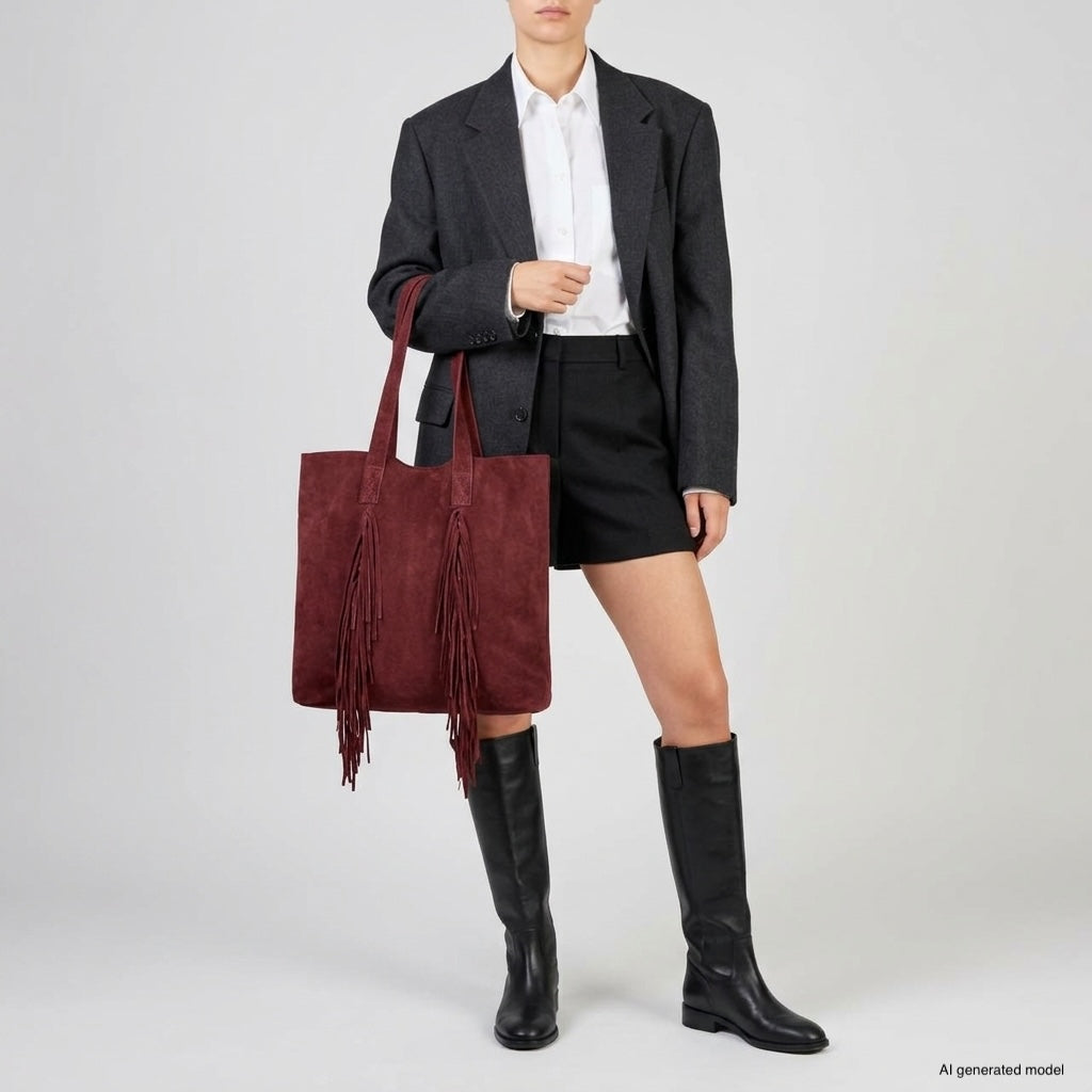 A person wearing a dark blazer, white shirt, black shorts, and knee-high black boots holds a large maroon boho fringe bag. The background is plain and light-colored.