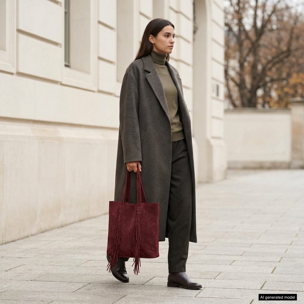 A woman in a long gray coat, olive turtleneck, and dark pants walks on a city sidewalk carrying a boho fringe bag. The background shows a beige building and bare trees.