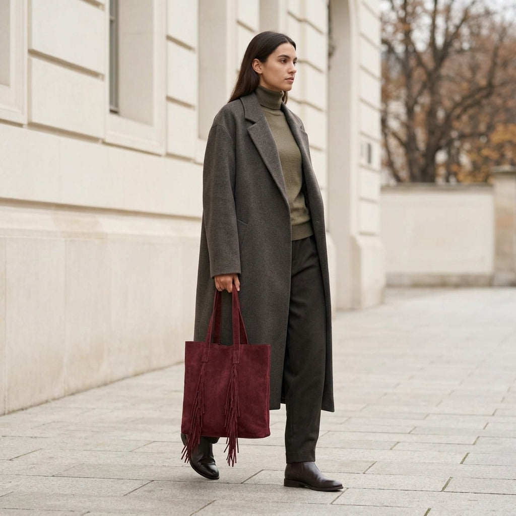A woman in a long gray coat, olive turtleneck, and matching pants walks outside on a sidewalk, holding a boho bag. She wears ankle boots, and the background shows a light-colored building and bare trees.