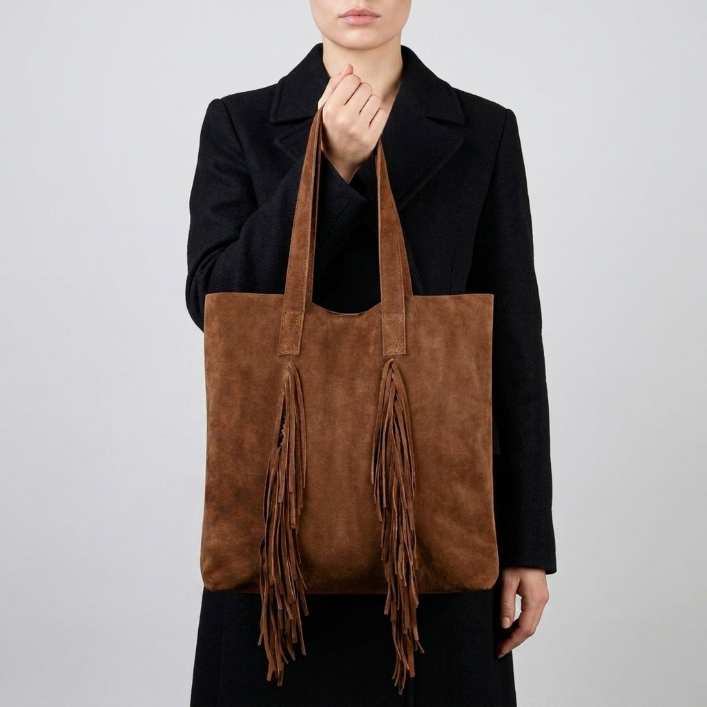 A person wearing a black coat holds a brown suede handbag with long fringe detailing hanging from the front. This chic boho bag stands out against the plain, light-colored background.