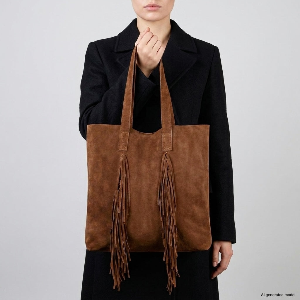 A person wearing a black coat holds a boho fringe bag— a brown suede handbag with playful details—against a plain light gray background. The person's face is partially visible.