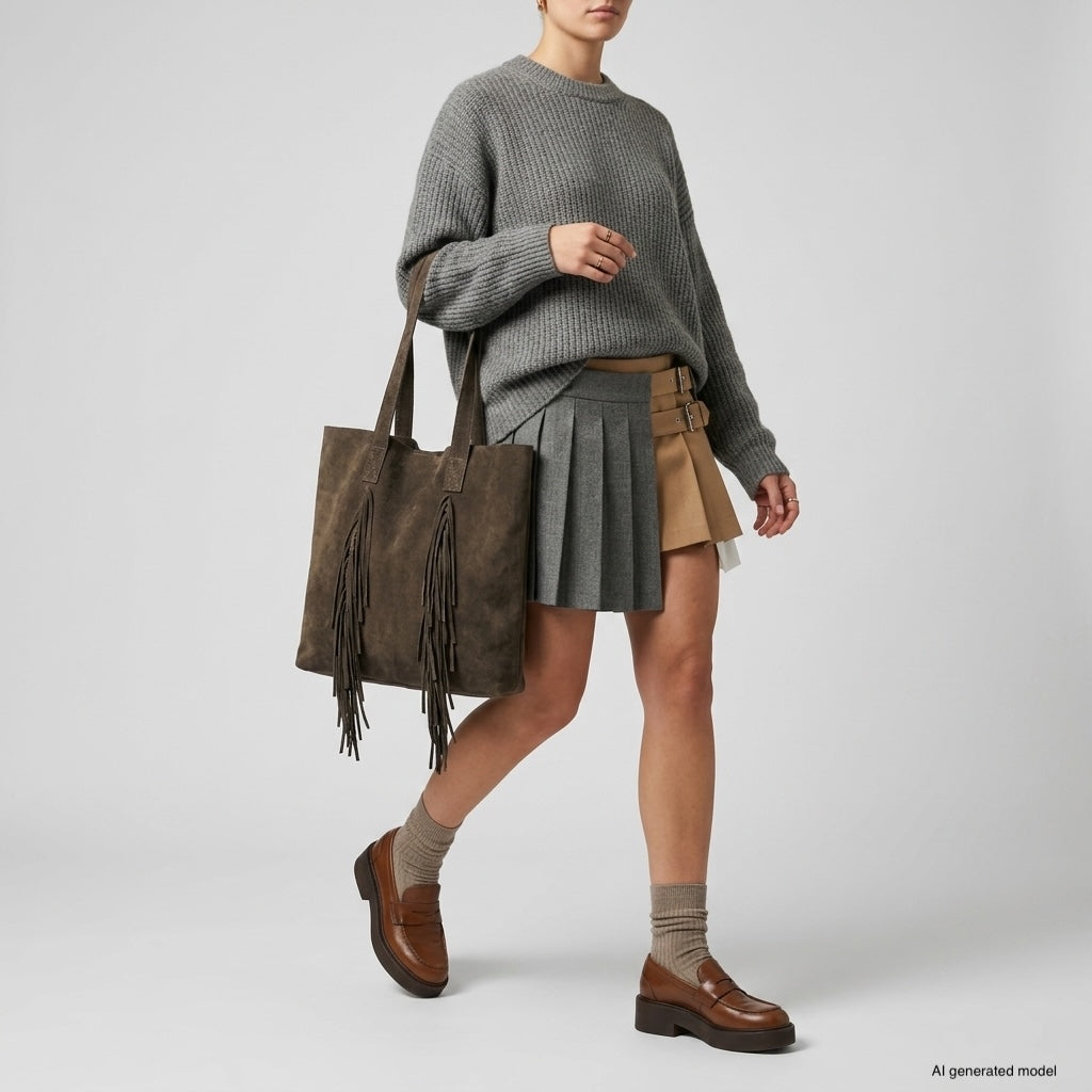A person wearing a gray sweater, pleated skirt with gray and beige panels, brown loafers, beige socks, and carrying a large boho fringe bag walks forward against a light gray background.