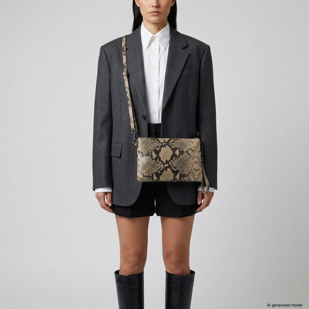 A person wearing a dark gray blazer, white shirt, black shorts, and tall black boots stands against a plain background, carrying a python-embossed crossbody purse with a beige and black snakeskin pattern.