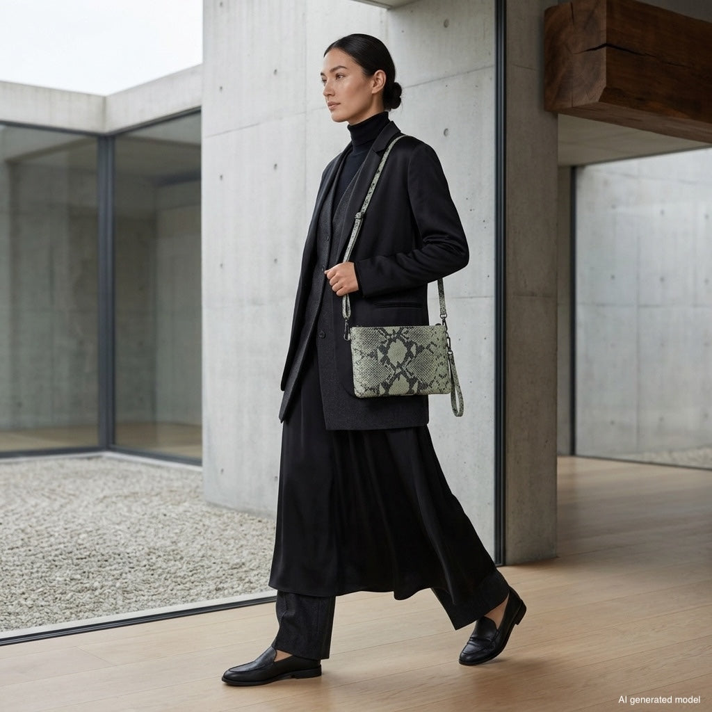 A woman in a black outfit and loafers walks indoors, carrying a python-embossed crossbody purse. She is in a modern, minimalist space with concrete walls and large windows.