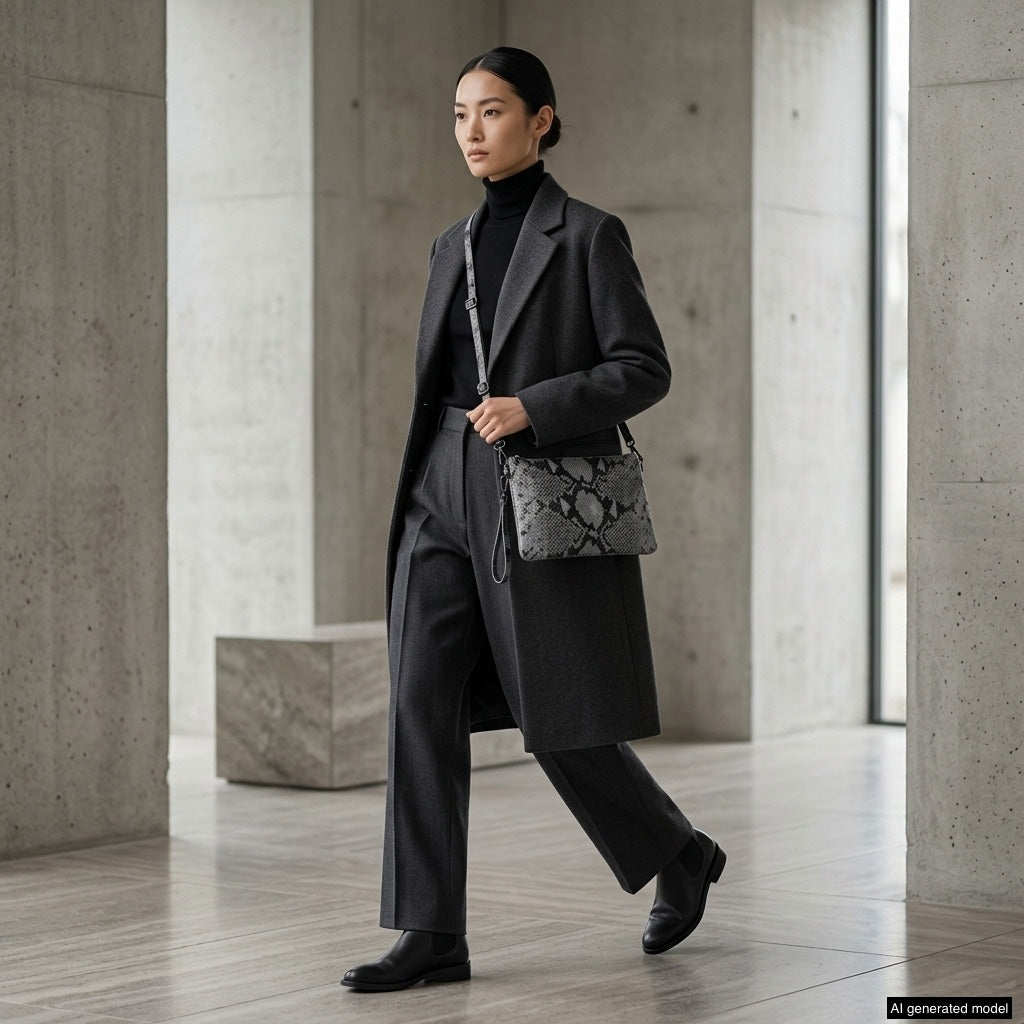 A woman in a long dark coat, black turtleneck, and trousers walks confidently indoors, carrying a stylish python-embossed crossbody purse made in Italy. The background features modern concrete walls and large windows.