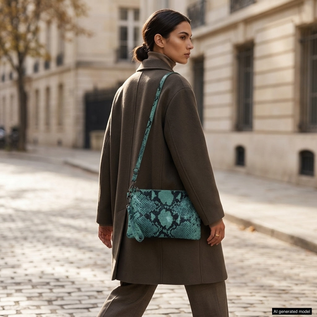 A woman in a long brown coat and pants walks on a cobblestone street, carrying a turquoise python-embossed crossbody purse over her shoulder. The background displays classic city architecture.