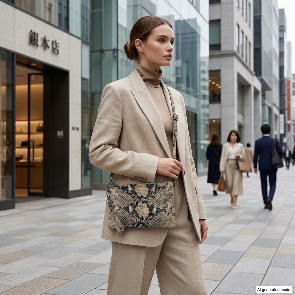 A woman in a beige suit and turtleneck stands on a city sidewalk, holding a python-embossed crossbody purse made in Italy. Her hair is in a neat bun, and tall modern buildings line the street around her.