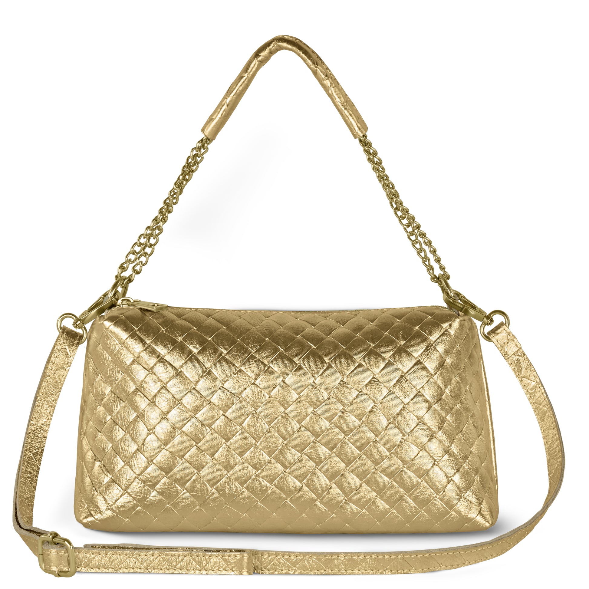 A gold quilted miniature handbag with a top handle and a detachable shoulder strap, featuring Italian craftsmanship, a shiny finish, and elegant chain details.