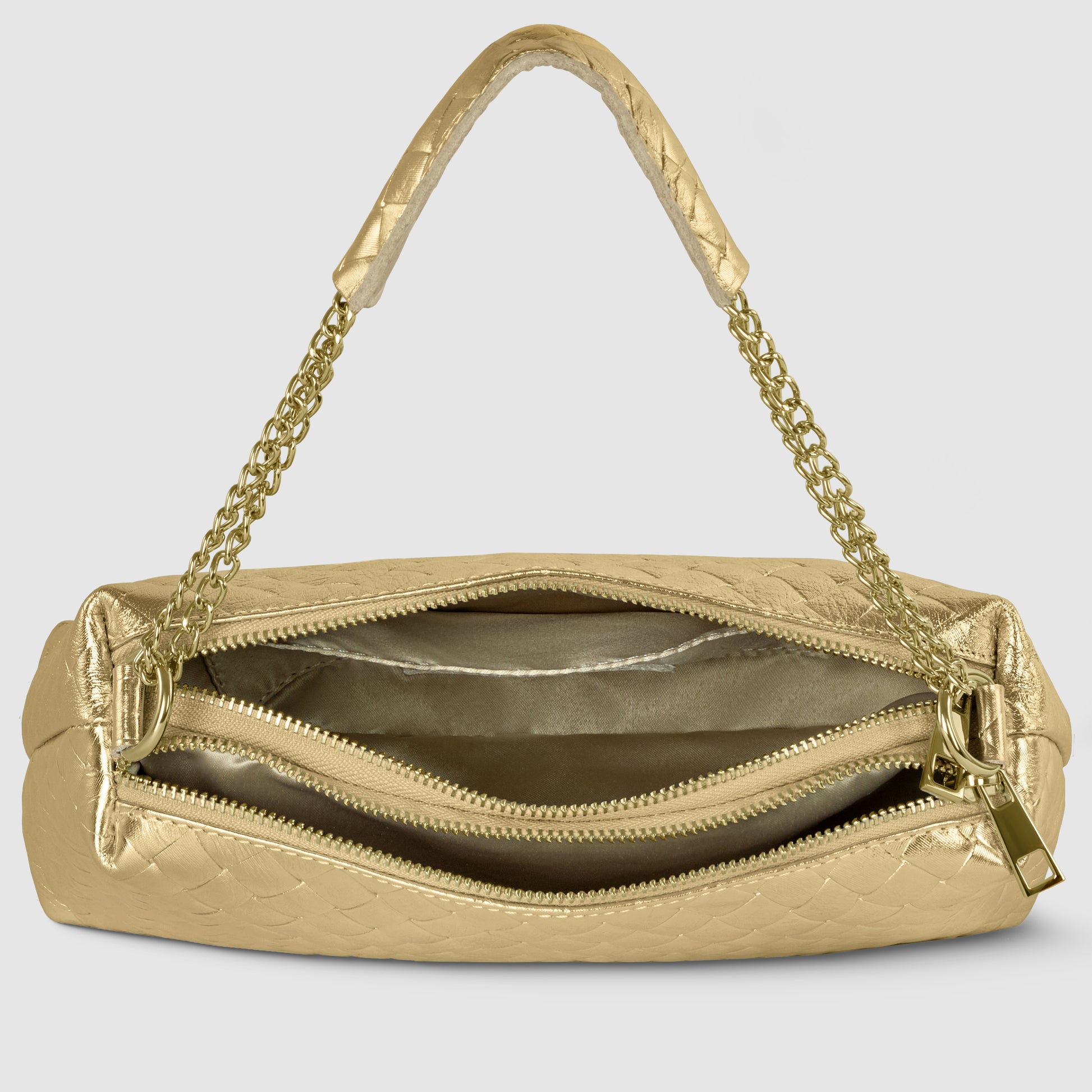 A gold miniature handbag with a textured surface, gold chain-and-leather handles, and an open top reveals two zippered interior compartments and a shiny lining—a stunning example of Italian craftsmanship.