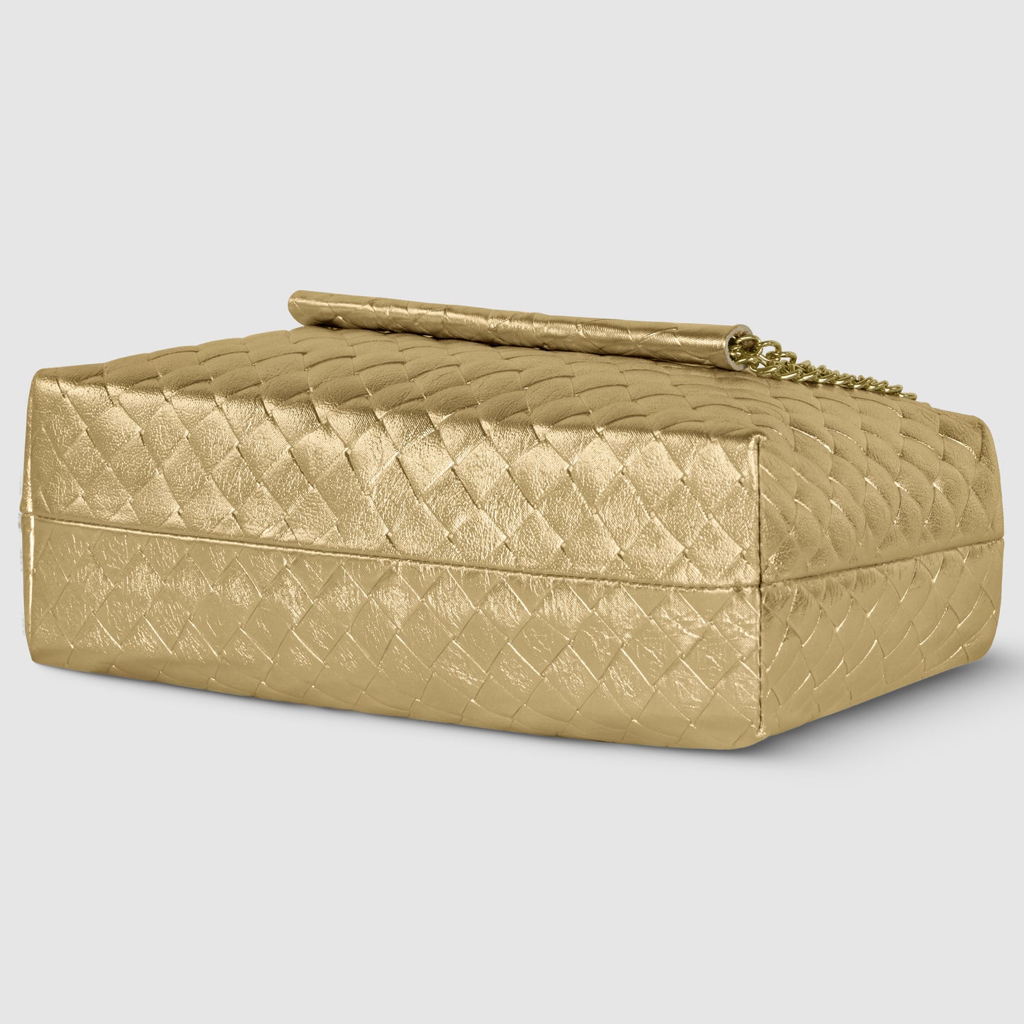 A rectangular gold clutch with a woven texture, showcasing Italian craftsmanship, features a small gold chain and a cylindrical clasp, displayed on a light gray background.