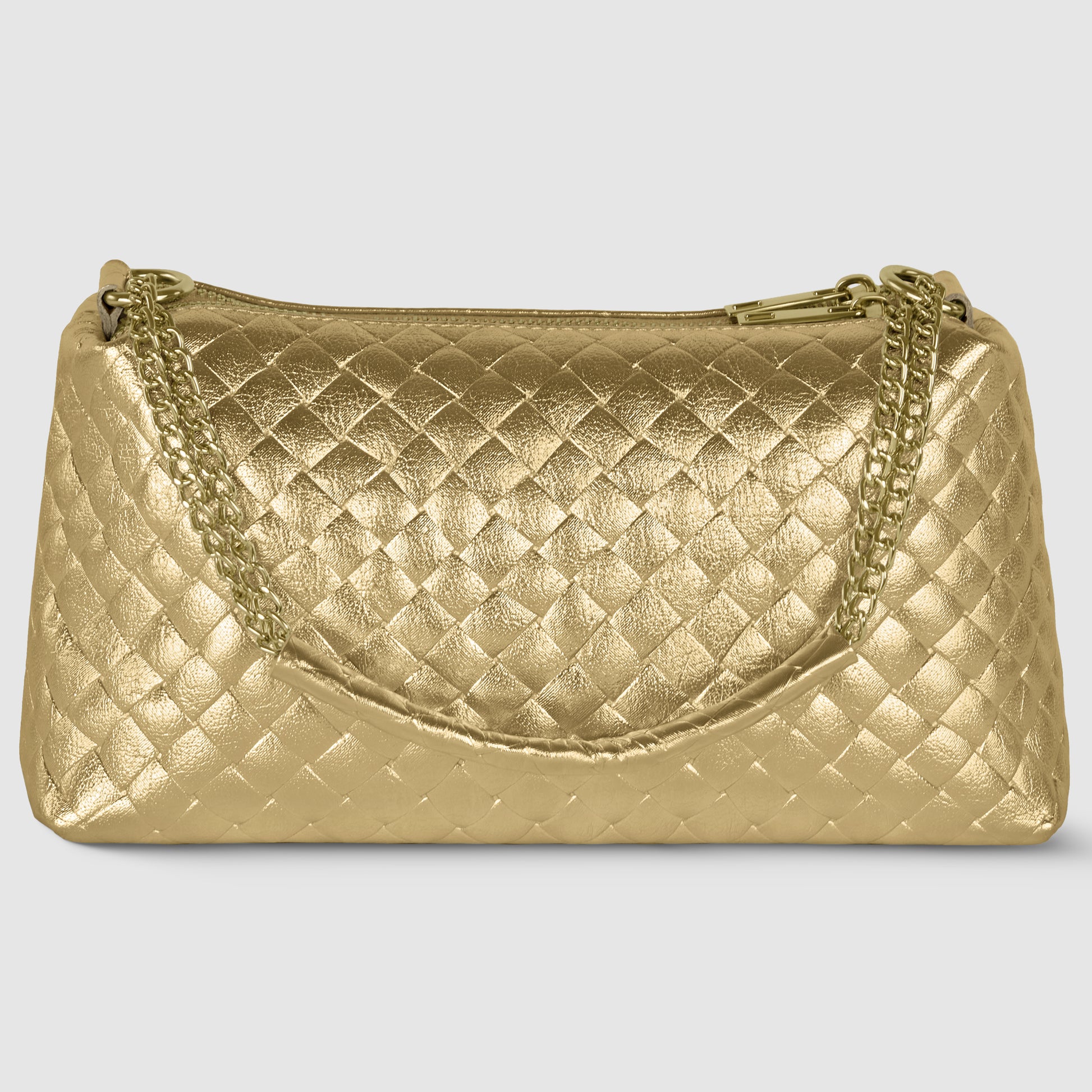 A gold quilted miniature handbag with a shiny finish, showcasing Italian craftsmanship, features a chain strap and zippered top, displayed against a plain light background.