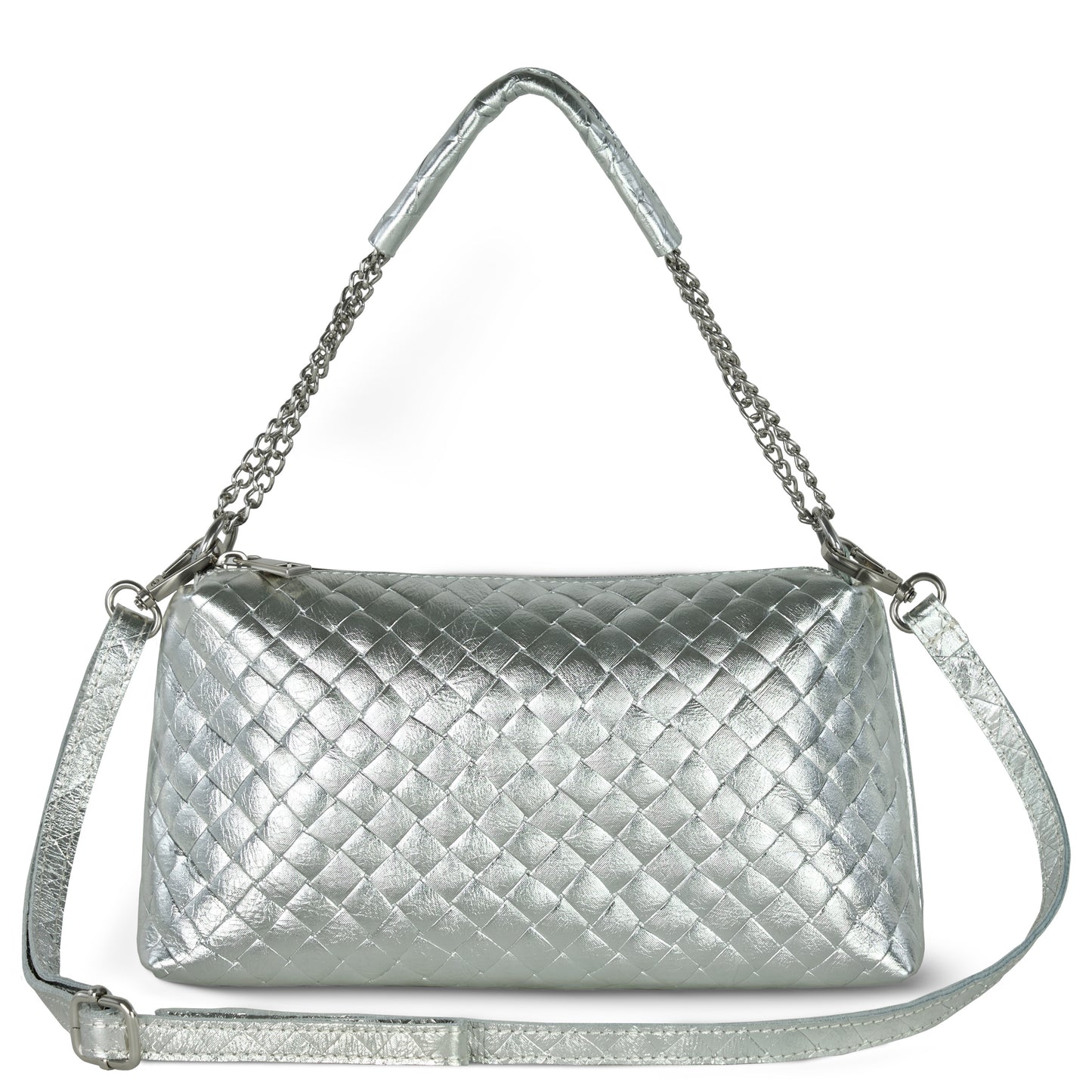 A metallic silver quilted miniature handbag with two straps: a short handle with chain details and a longer adjustable shoulder strap, both in matching silver. The bag has a rectangular shape, shiny finish, and showcases Italian craftsmanship.