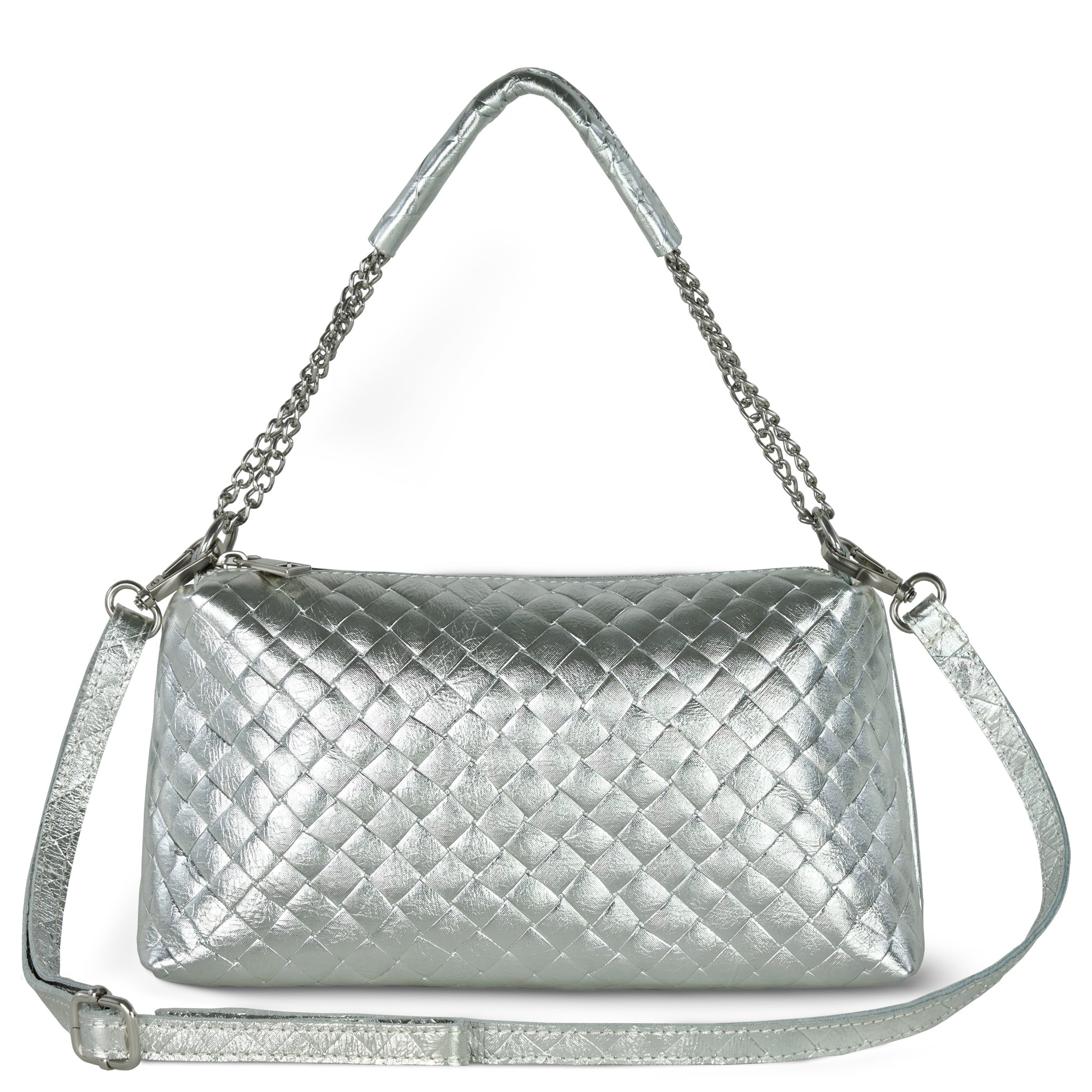A metallic silver quilted miniature handbag with two straps: a short handle with chain details and a longer adjustable shoulder strap, both in matching silver. The bag has a rectangular shape, shiny finish, and showcases Italian craftsmanship.