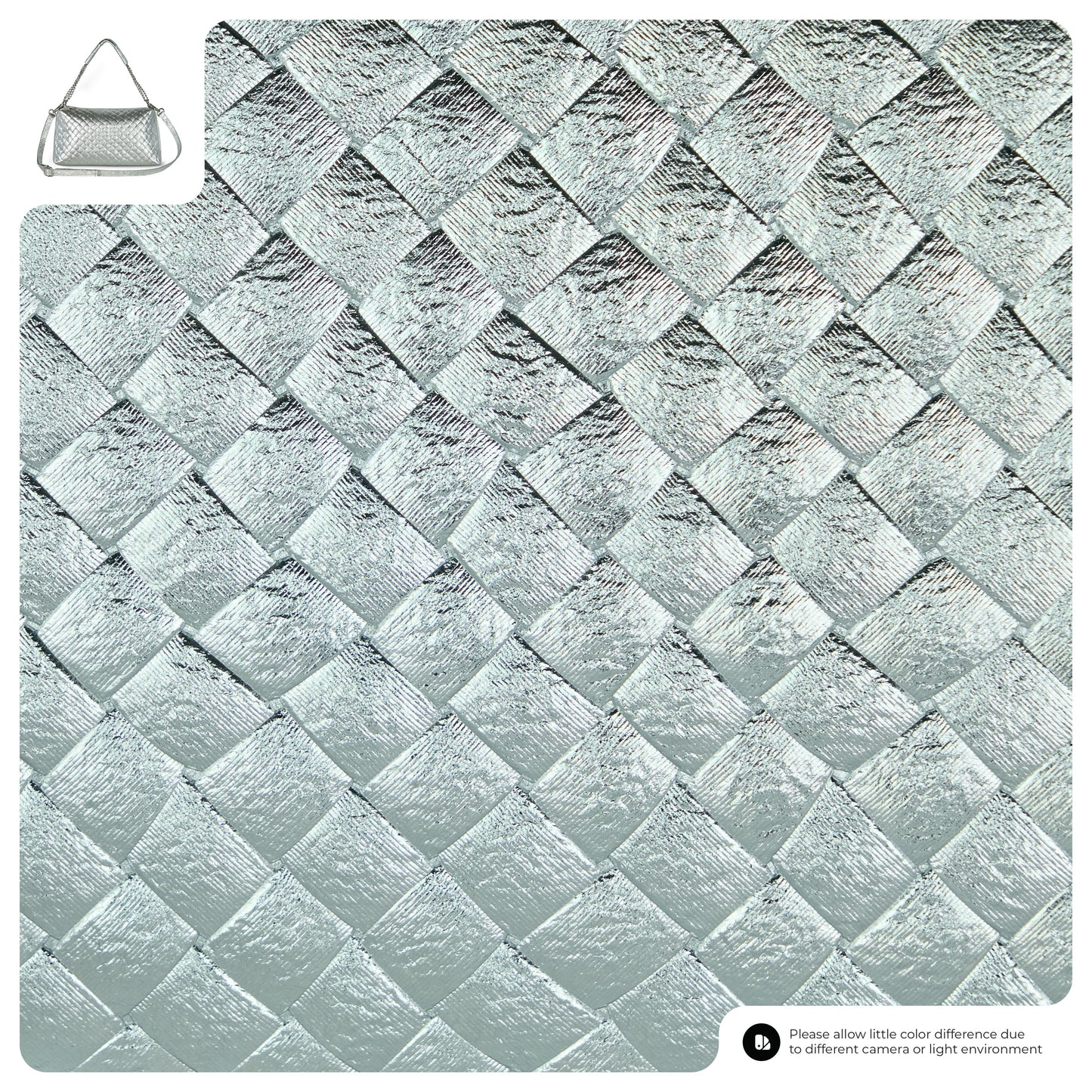 Close-up of a silver, quilted metallic surface with a diamond pattern. In the top left, a small image showcases a miniature handbag. A note at the bottom mentions possible color differences due to lighting.