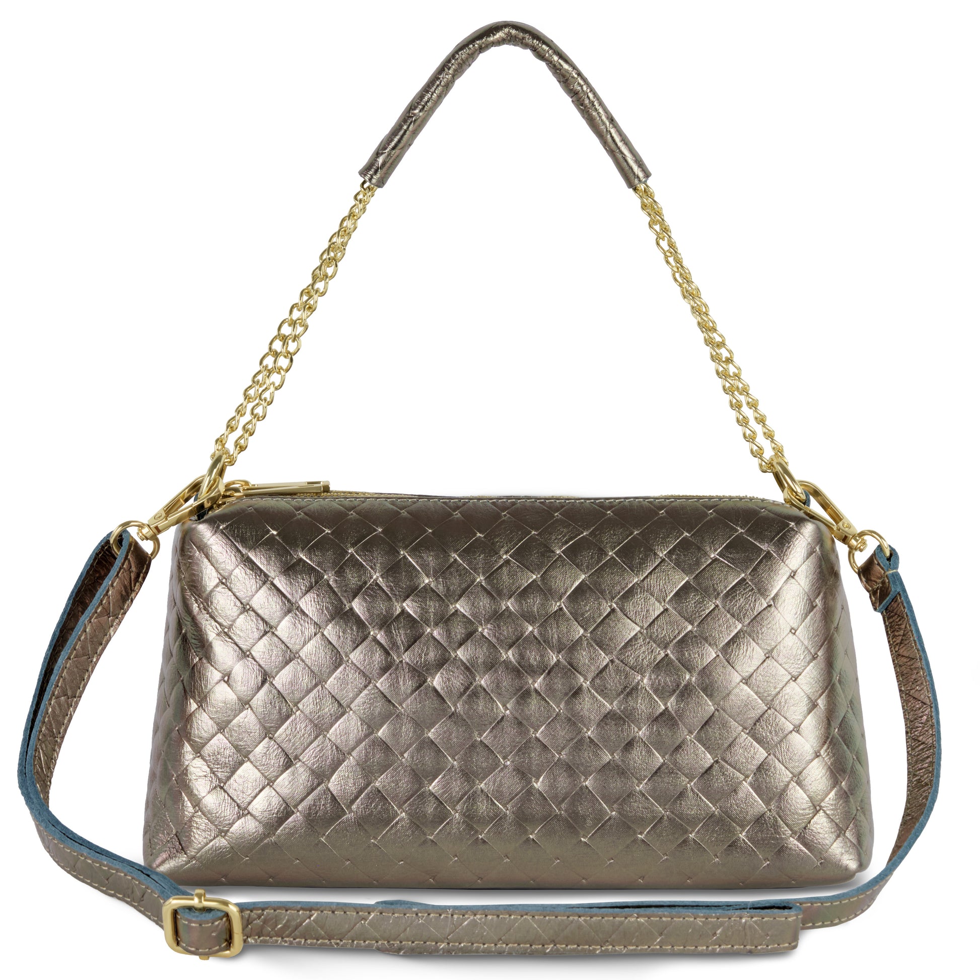 A metallic quilted miniature handbag with a gold chain and leather handle, featuring Italian craftsmanship, an adjustable leather shoulder strap, and gold hardware.