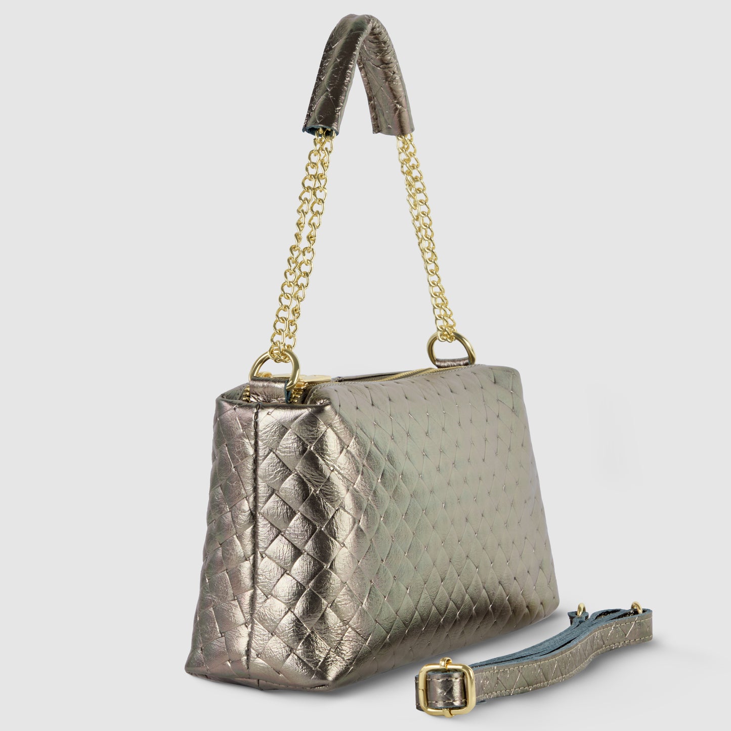 A metallic, quilted miniature handbag with gold chain handles and a detachable matching shoulder strap showcases exquisite Italian craftsmanship against a plain white background.