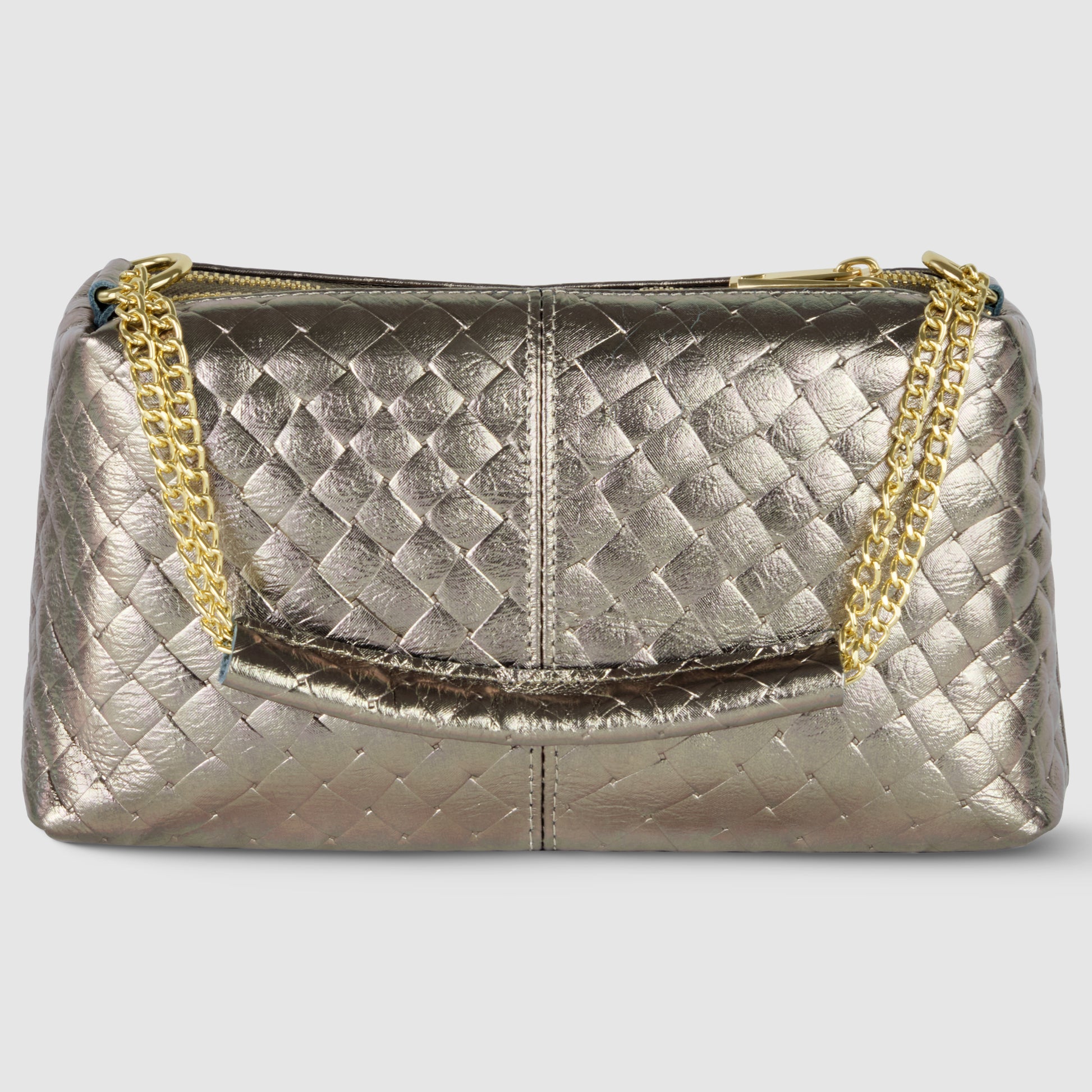 A metallic quilted miniature handbag with a diamond pattern, showcasing Italian craftsmanship. It features a gold-tone chain strap and a leather shoulder pad, displayed against a plain light gray background.