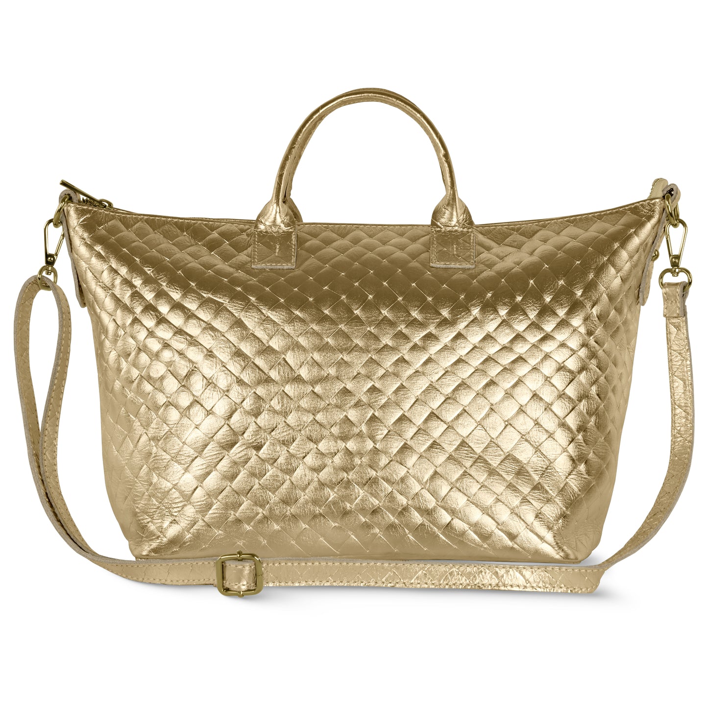A gold quilted handbag inspired by Florentine leathercraft, featuring two short handles, a detachable shoulder strap, and a textured diamond pattern.