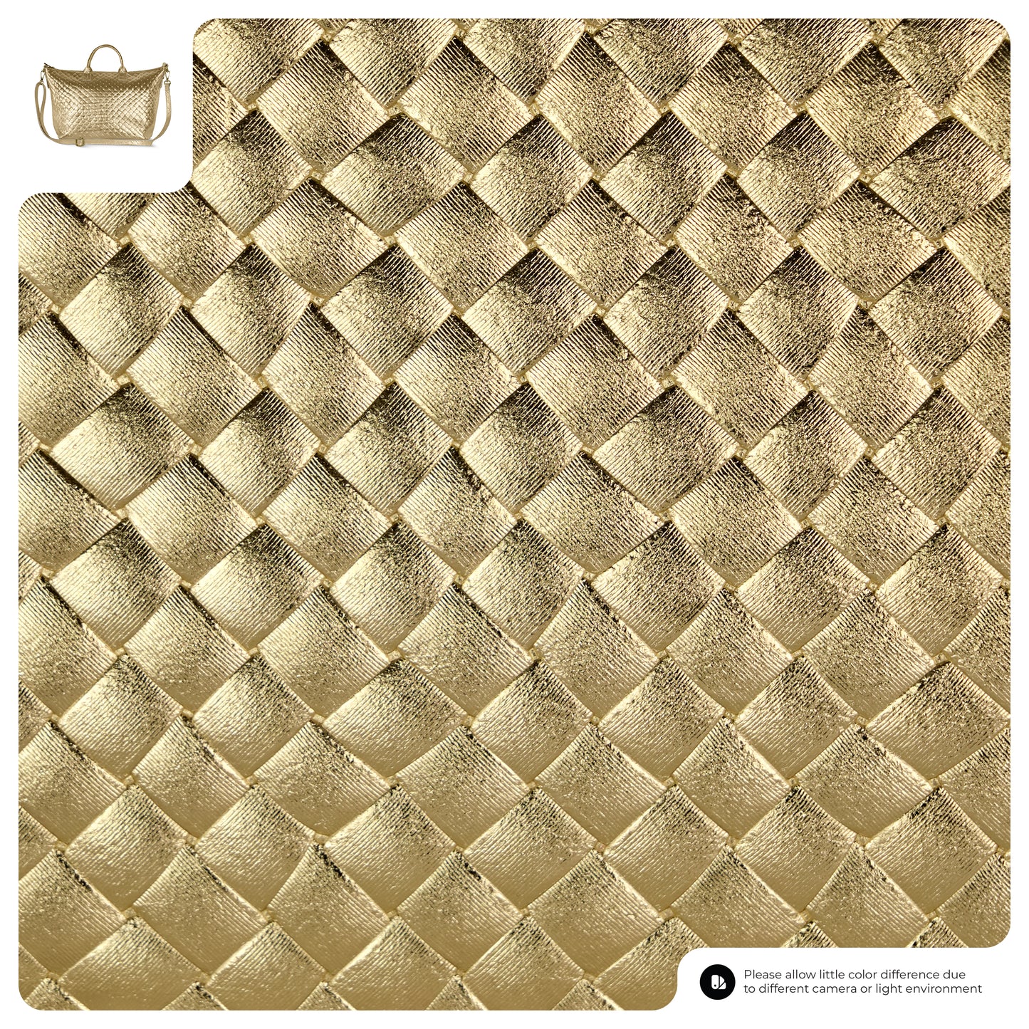 Close-up of a gold, woven textured material, likely inspired by Florentine leathercraft, with a small inset showing a handcrafted Italian handbag made from the same material. Text at the bottom notes possible color differences.