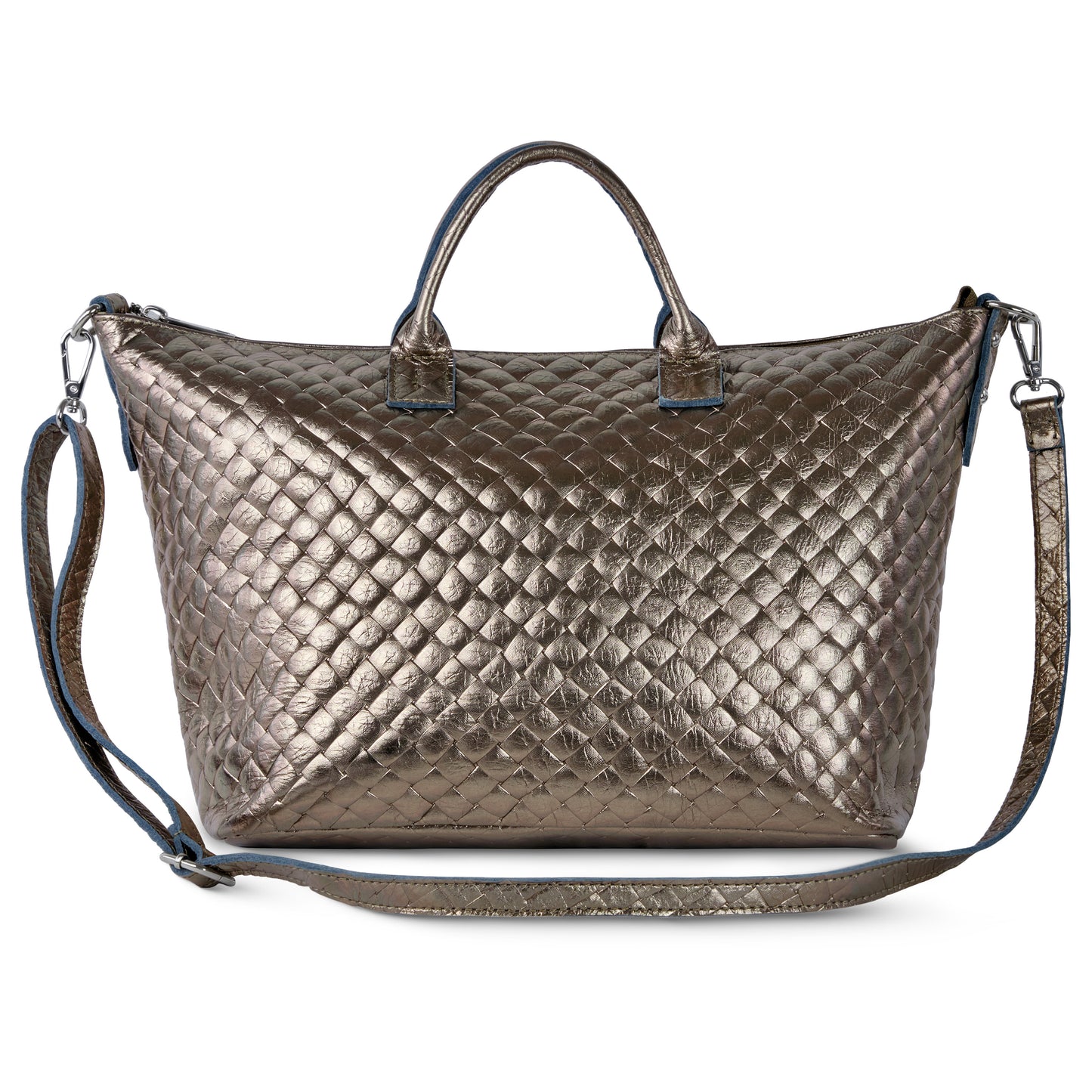 A metallic quilted handbag inspired by Florentine leathercraft, with two short handles and a long adjustable shoulder strap, featuring a shiny, textured surface.