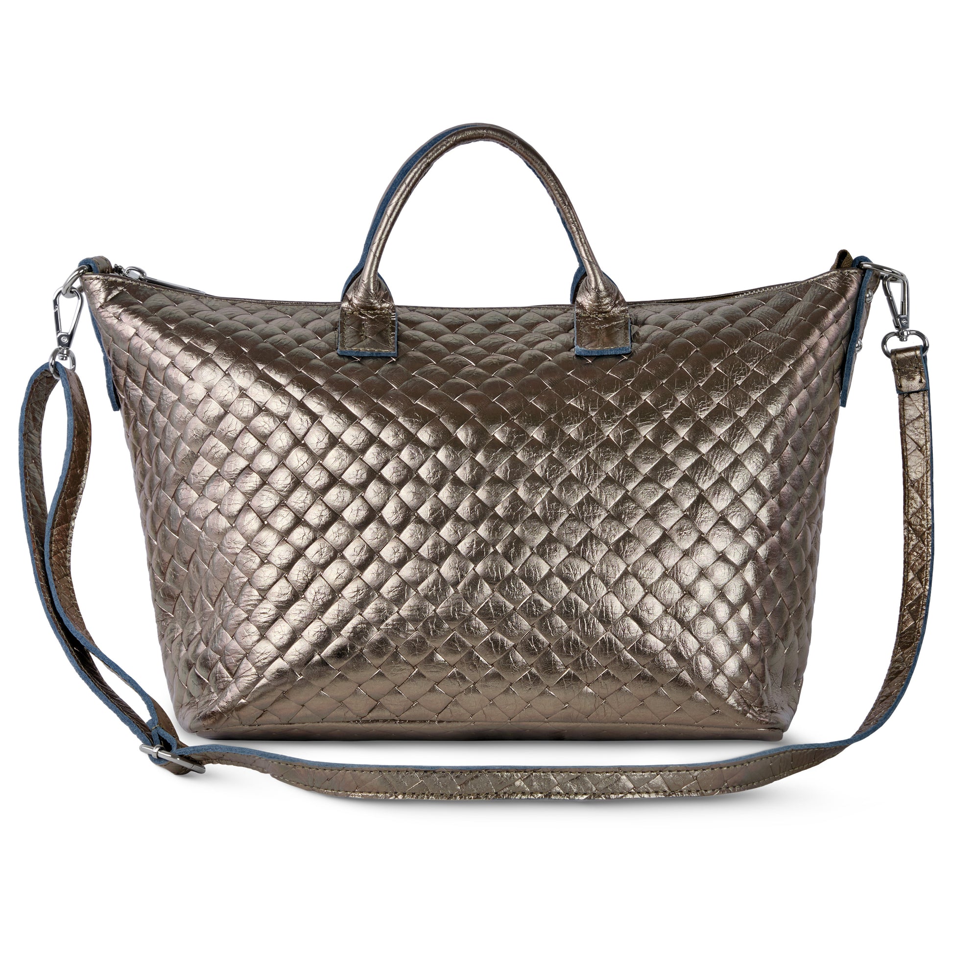 A metallic quilted handbag inspired by Florentine leathercraft, with two short handles and a long adjustable shoulder strap, featuring a shiny, textured surface.