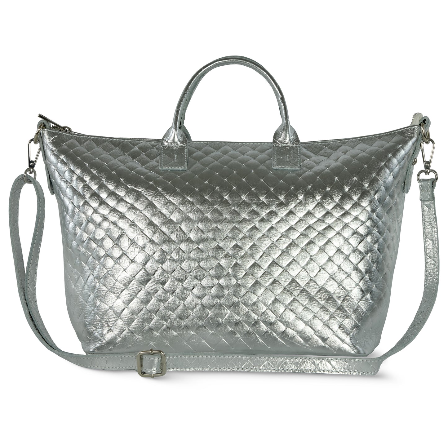 A metallic silver quilted handbag inspired by handcrafted Italian handbag traditions, featuring two short handles, a detachable long shoulder strap, and a diamond pattern on the surface.