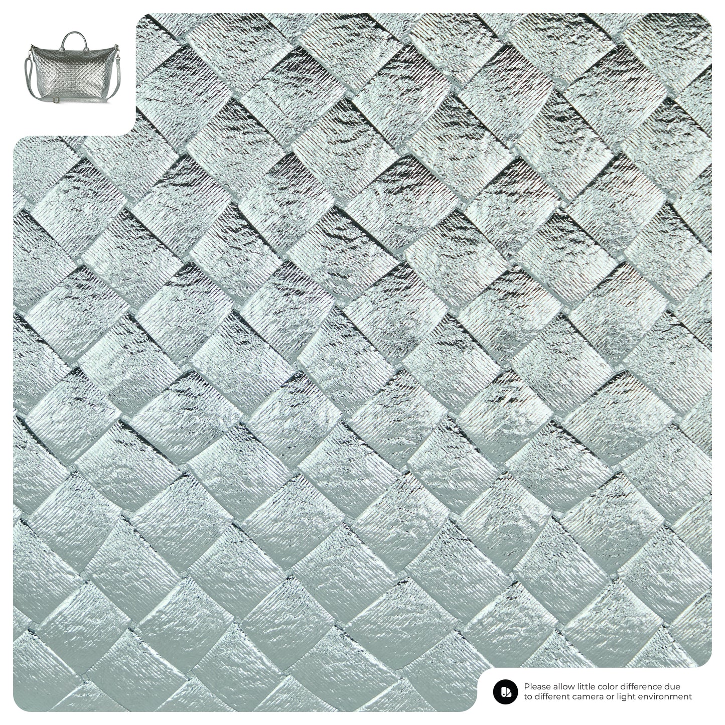 A metallic silver woven texture with a diamond pattern, resembling an intricate basket weave. In the top left corner, a small image of a handcrafted Italian handbag matches the luxurious texture.