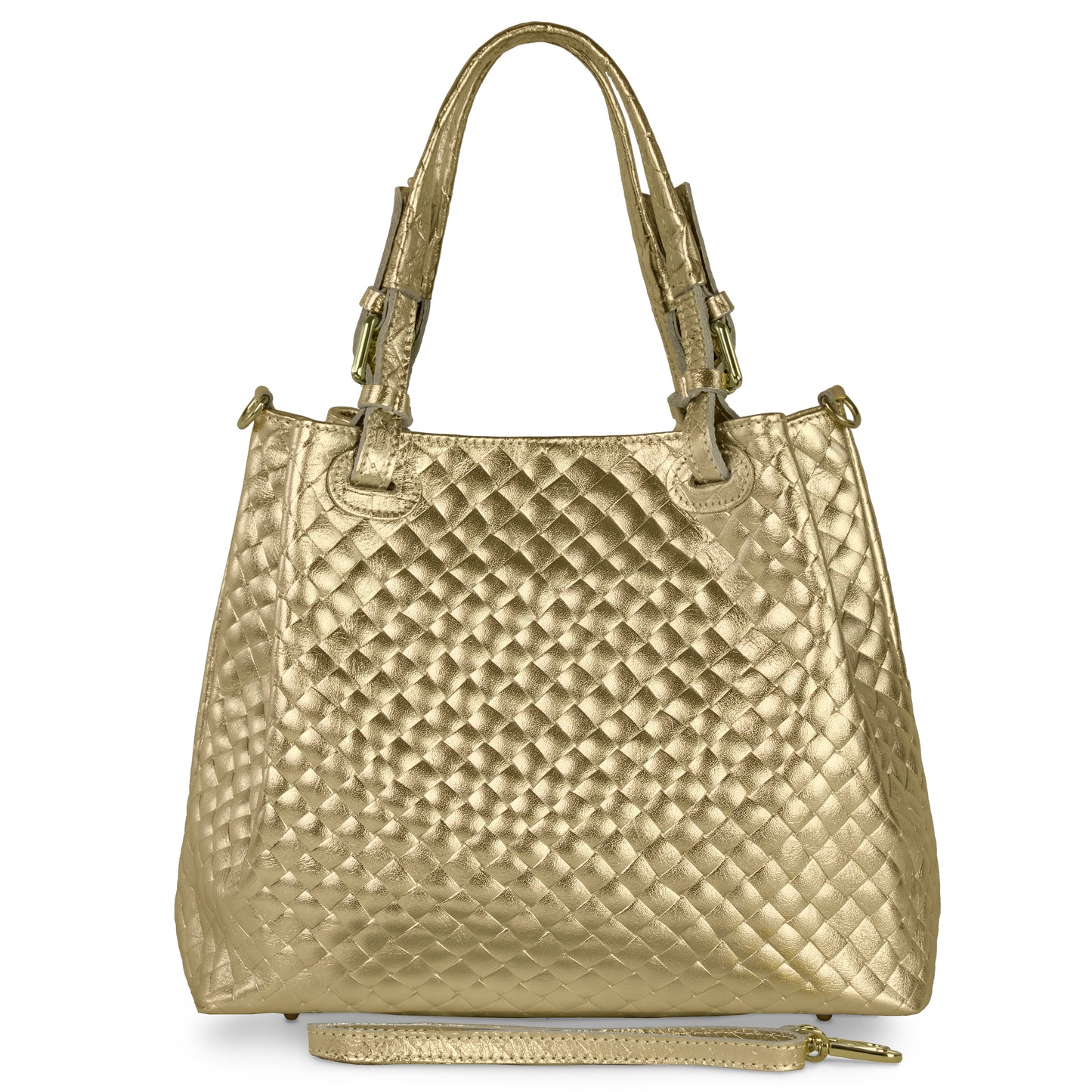 A Weave Metallic Gold quilted Italian-made handbag featuring double handles, a metallic finish, and a detachable matching strap placed in front of the bag.