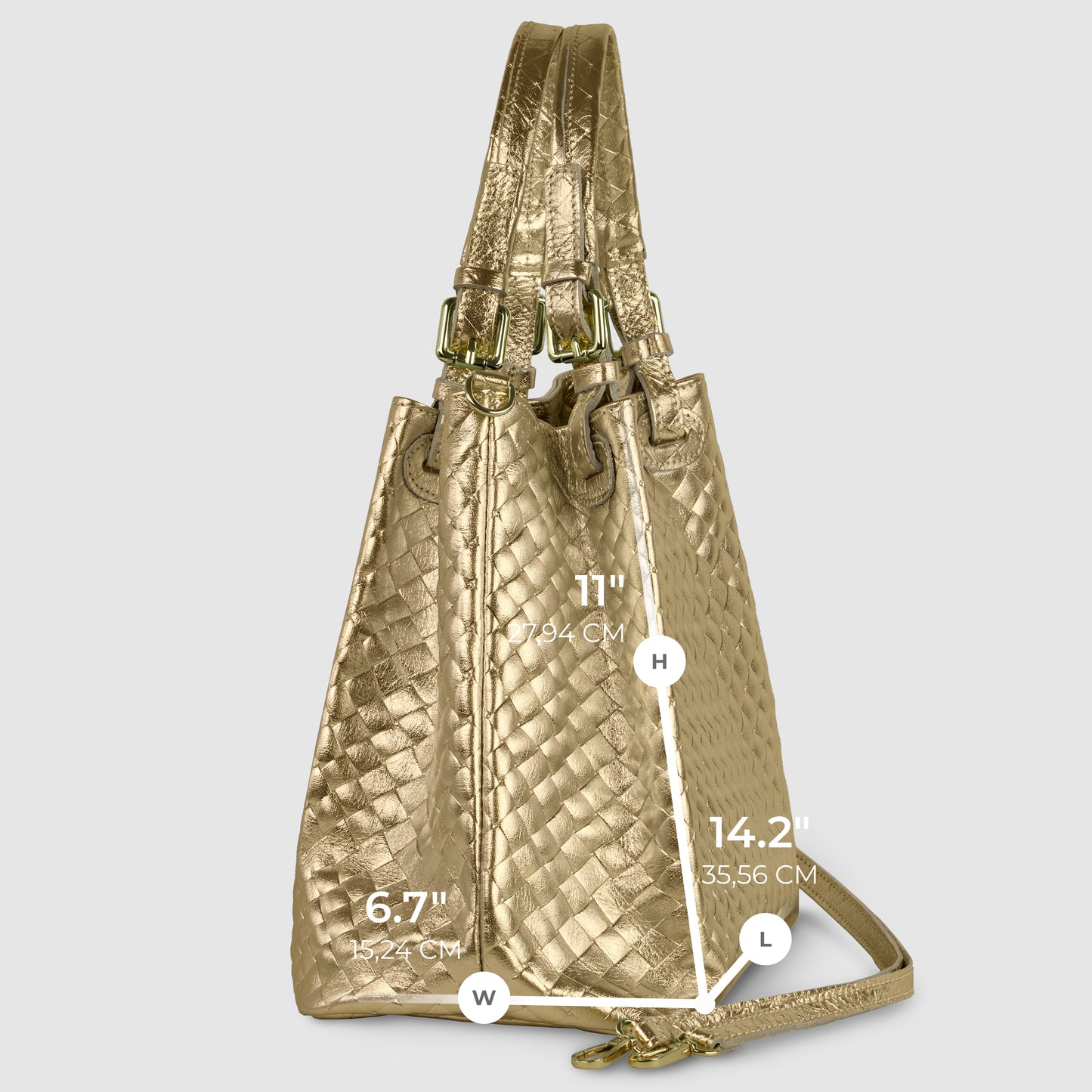 A gold woven Florentine leather handbag with two handles and a shoulder strap, shown from the side. Dimensions are labeled: height 14.2 (35.56 cm), width 6.7 (17.02 cm), and handle height 11 (27.94 cm).