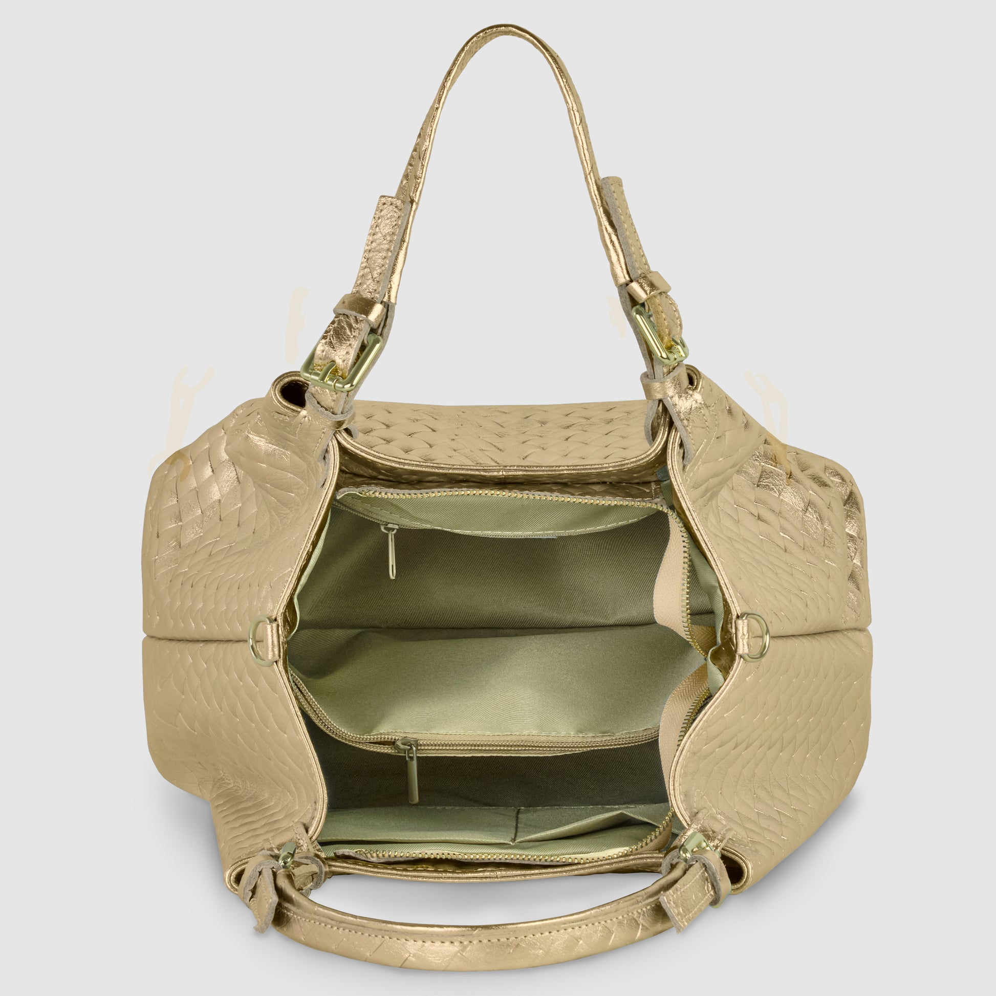 A gold textured Florentine leather handbag with two handles, shown open to reveal multiple inner compartments and zippered pockets. The bag features a woven design and a spacious interior for essentials.