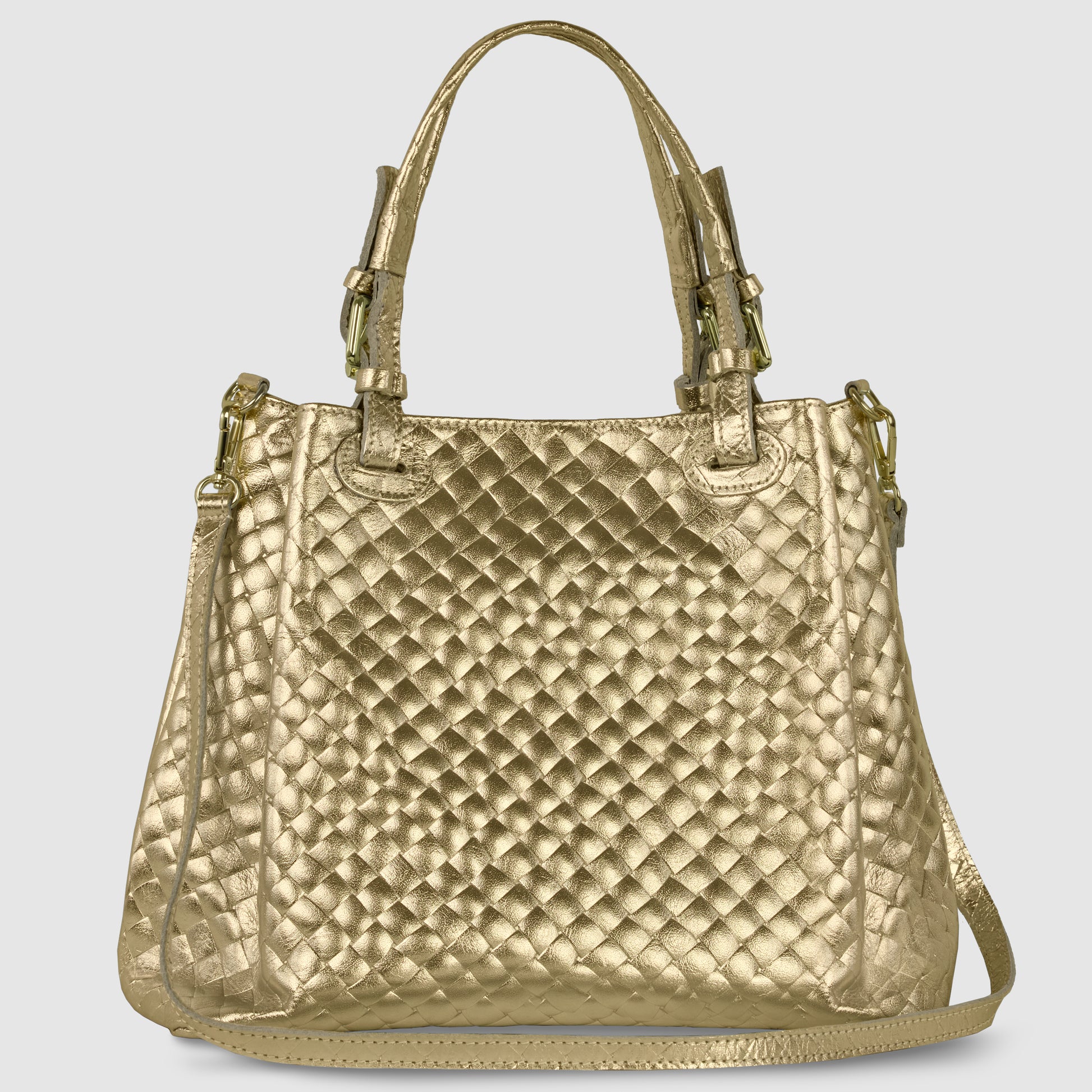A gold quilted, Italian-made handbag with double top handles and a detachable shoulder strap, featuring a shiny metallic finish and a diamond pattern.