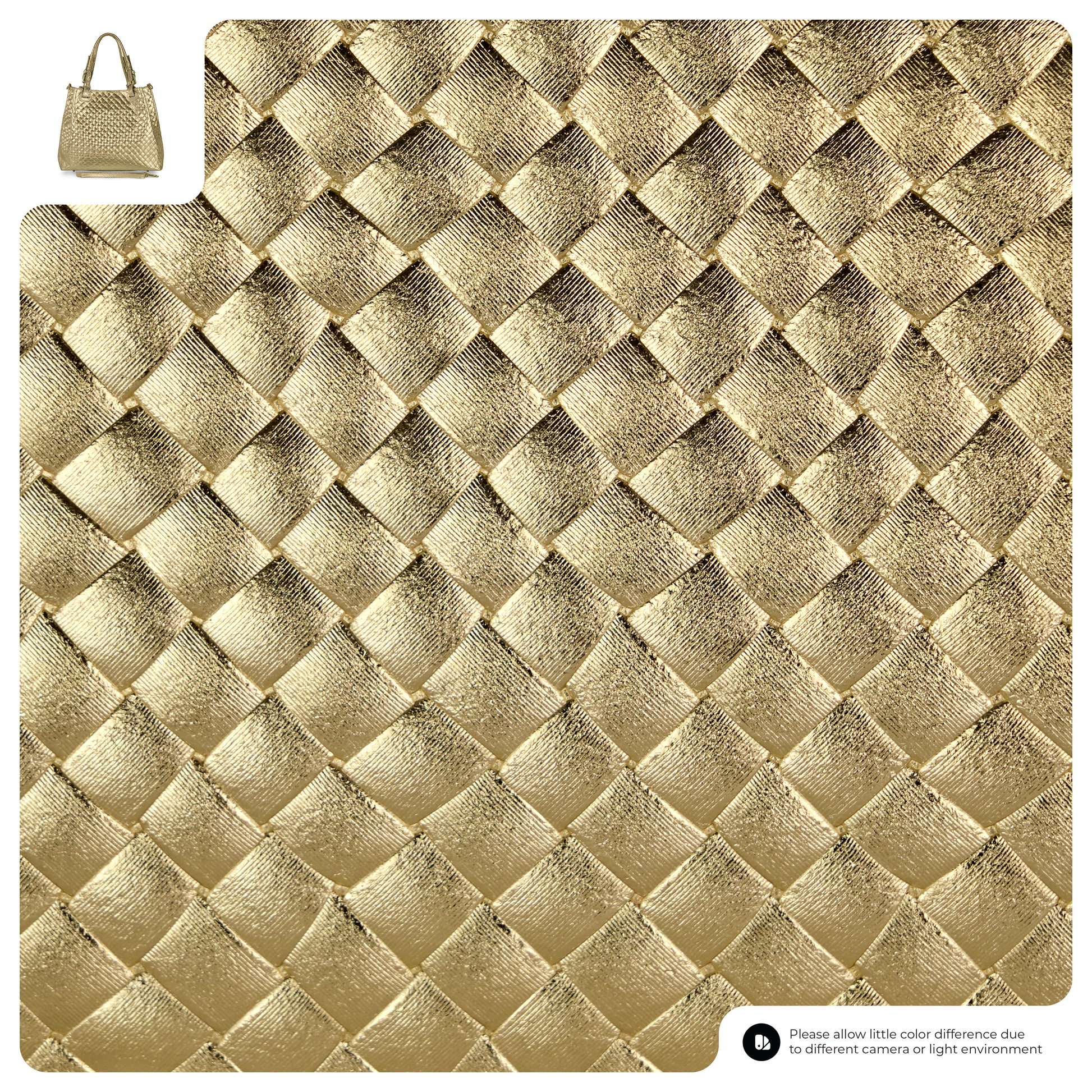 Gold textured material with a diamond-shaped quilted pattern. An inset in the top left corner shows an Italian-made handbag crafted from the same fabric. A note at the bottom mentions possible color differences.